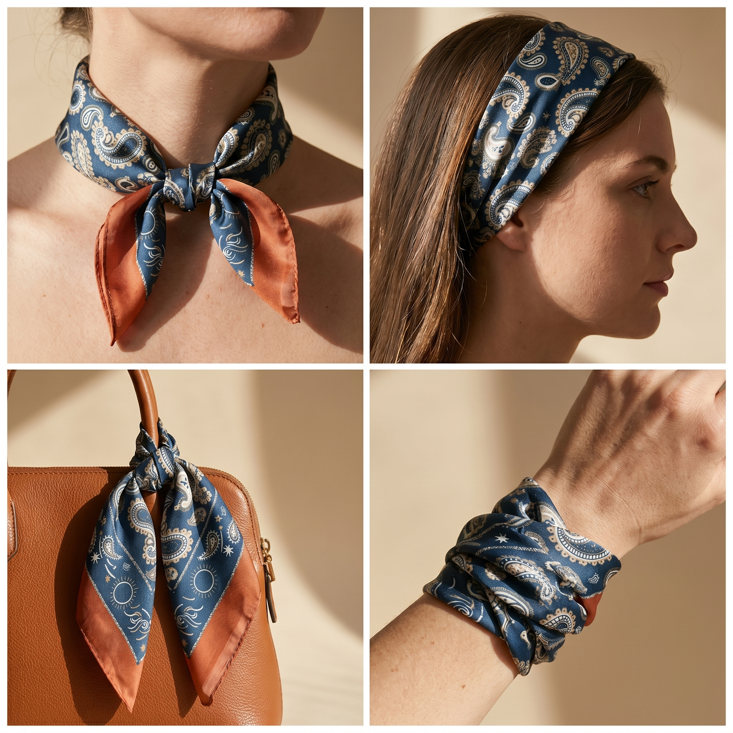 Bracksley blue paisley satin scarf for women, 27 inch square — view 3