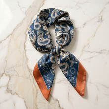 Navy & Coral Paisley Satin Scarf — Ornate Paisley Design