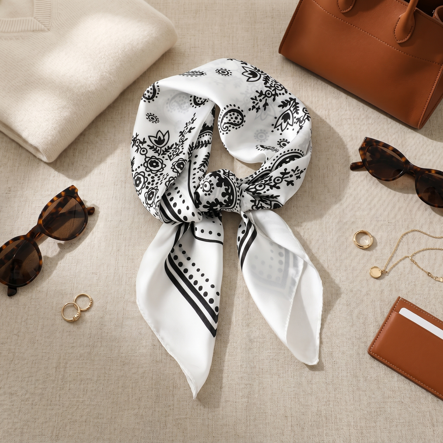 Bracksley black paisley satin scarf for women, 27 inch square — view 2