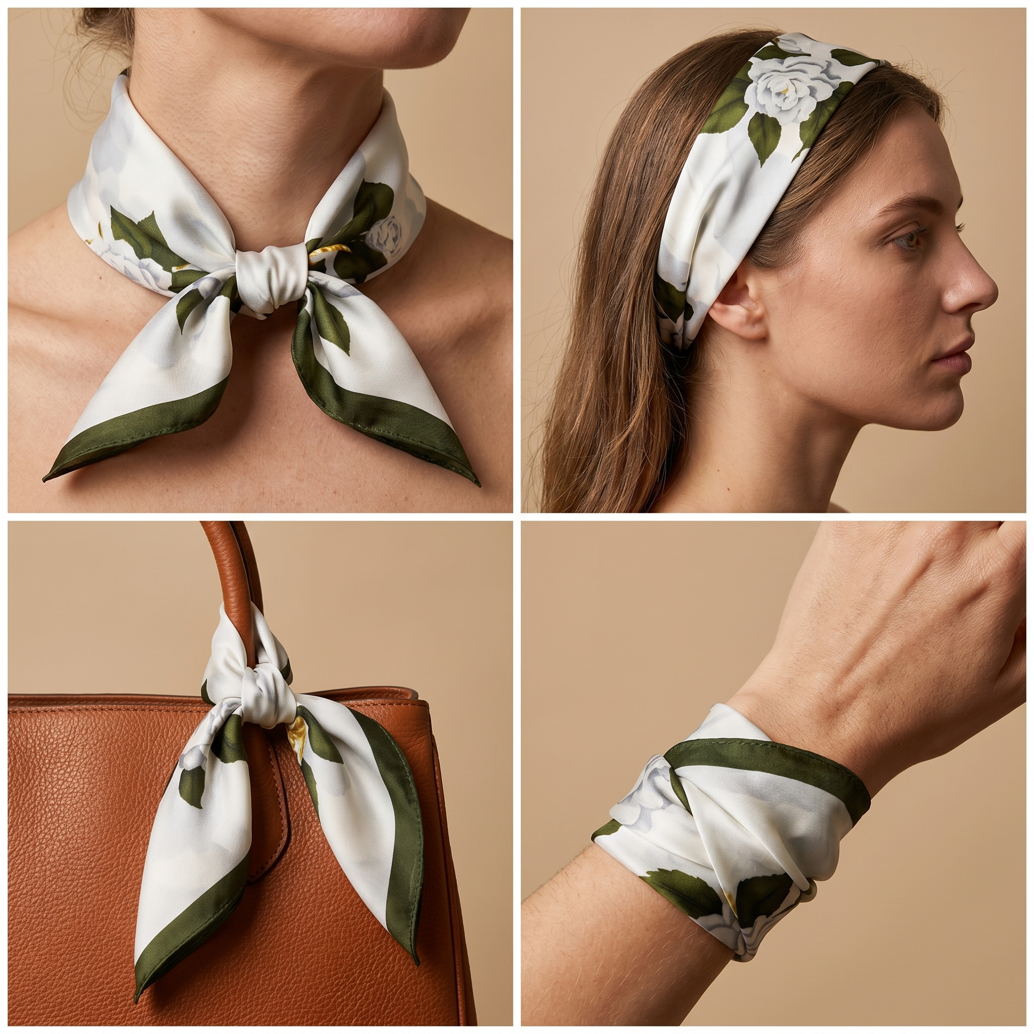 Bracksley white floral satin scarf for women, 27 inch square — view 3