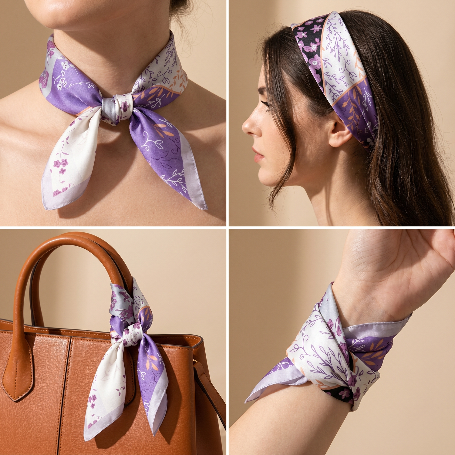 Bracksley purple floral satin scarf for women, 27 inch square — view 3