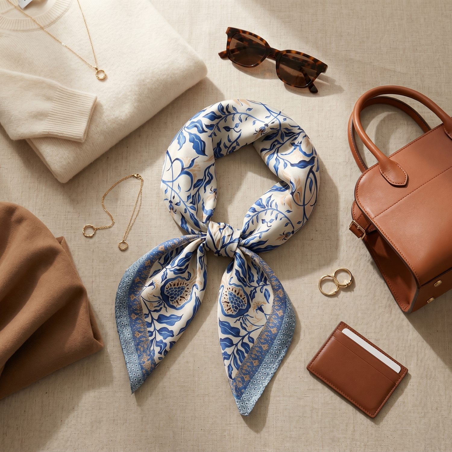 Bracksley blue floral satin scarf for women, 27 inch square — view 2