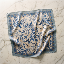 Ivory & Navy Floral Satin Scarf — Ornate Vine Scrolls