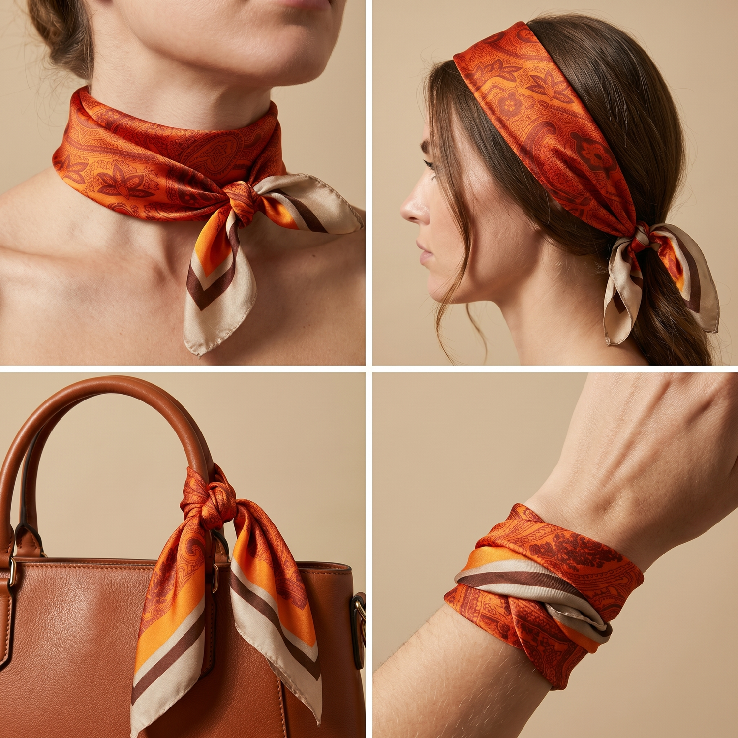 Bracksley orange paisley satin scarf for women, 27 inch square — view 3