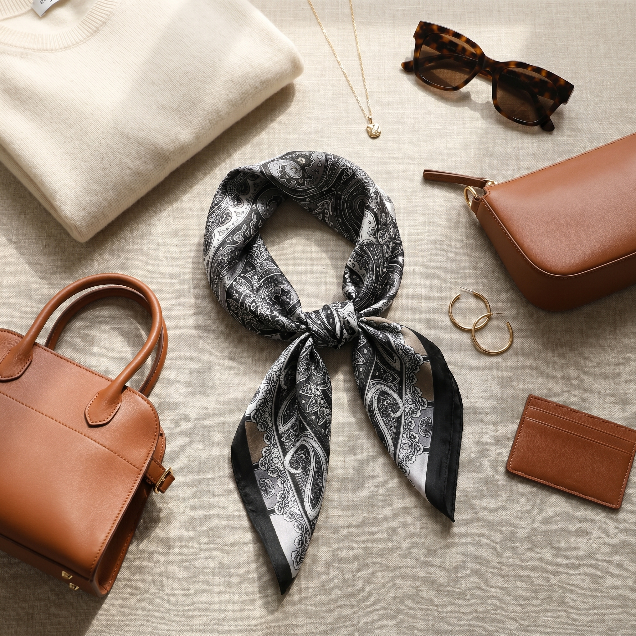 Bracksley black paisley satin scarf for women, 27 inch square — view 2