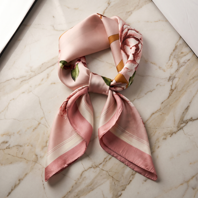 Silk Scarf Women 27x27 in Head Hair Neck Satin Luxury — Blush & Cream Floral — Botanical Rose | Bracksley