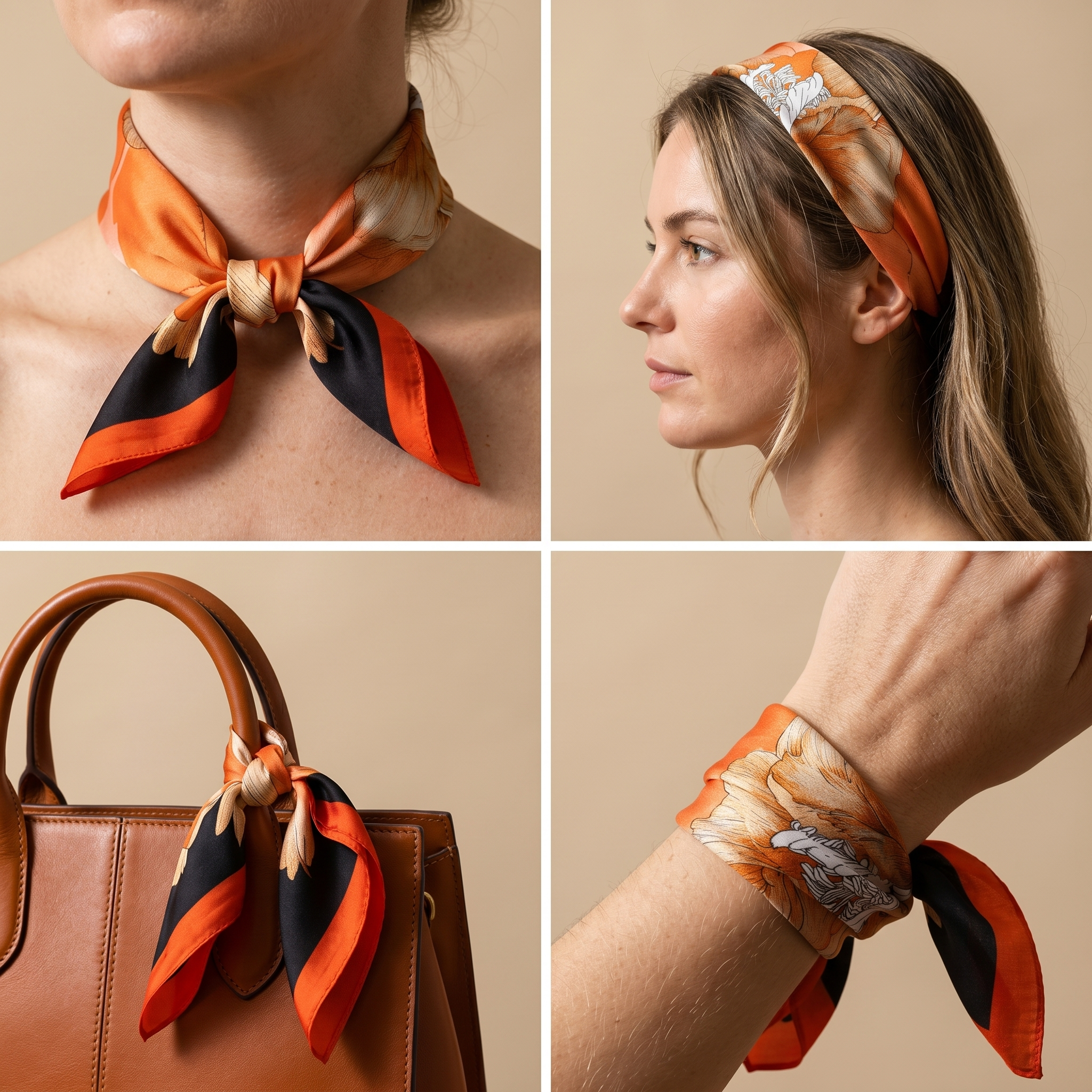 Bracksley orange floral satin scarf for women, 27 inch square — view 3