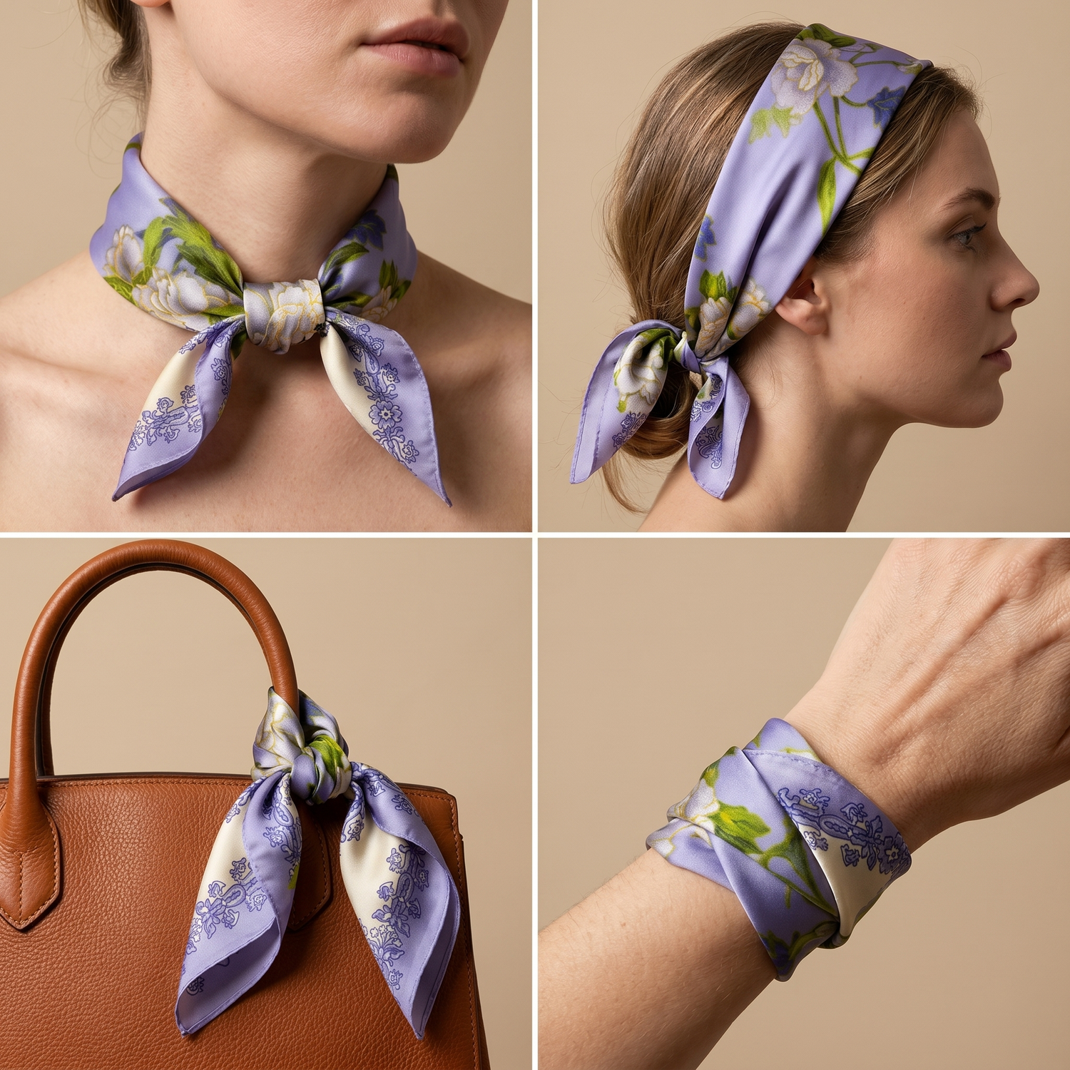 Bracksley purple floral satin scarf for women, 27 inch square — view 3