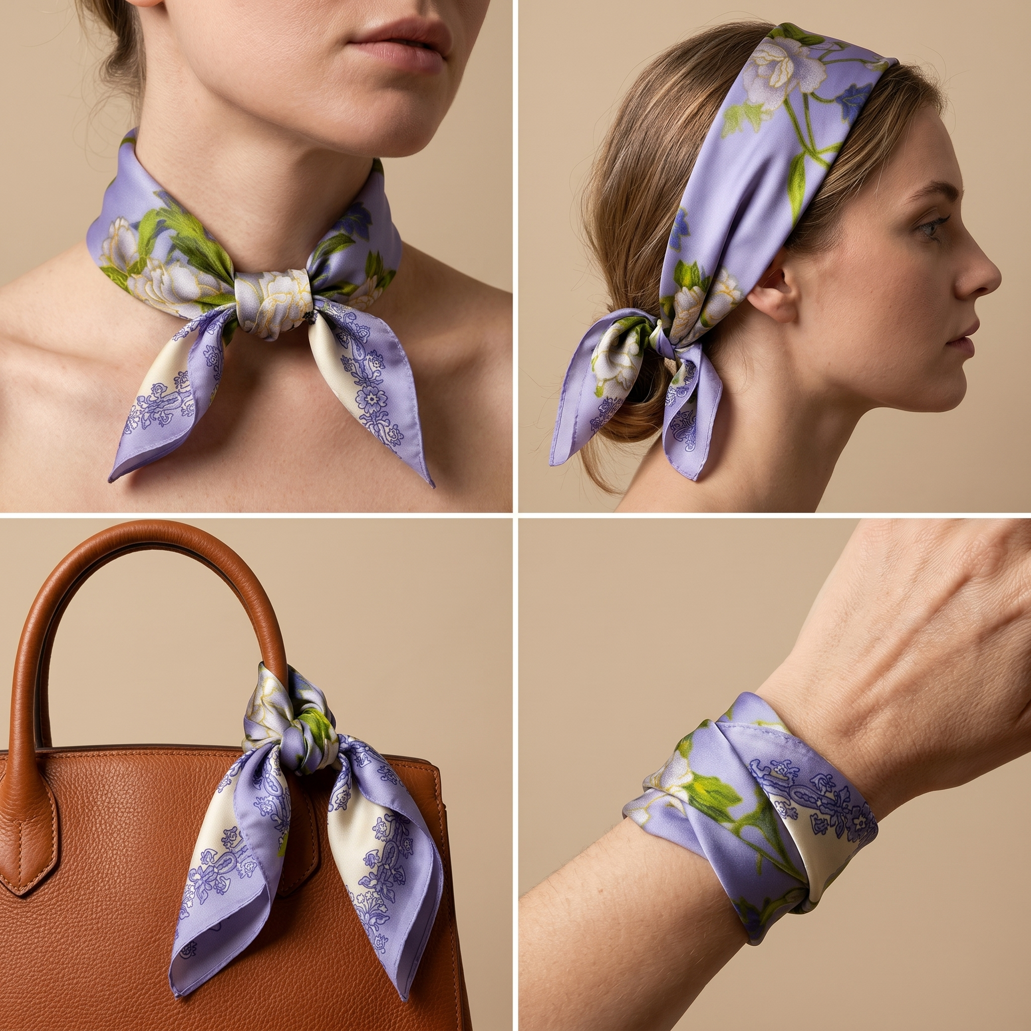 Bracksley purple floral satin scarf for women, 27 inch square — view 3