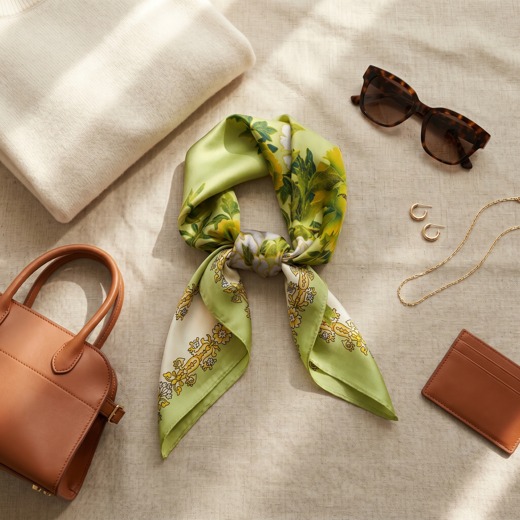 Bracksley green floral satin scarf for women, 27 inch square — view 2