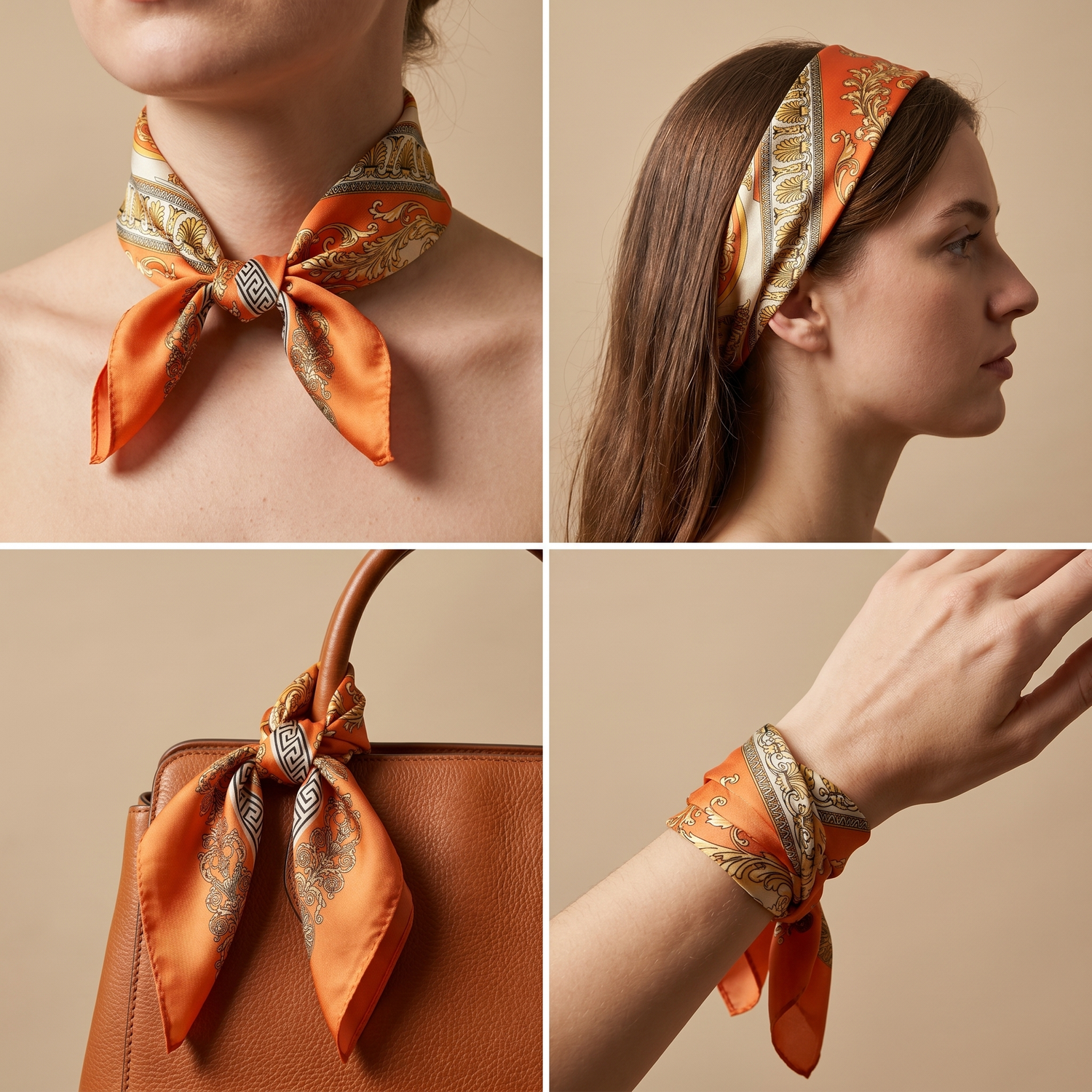 Bracksley orange klassisch satin scarf for women, 27 inch square — view 3