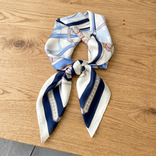 Navy & Cream Striped Satin Scarf — Buckle Chain Pattern