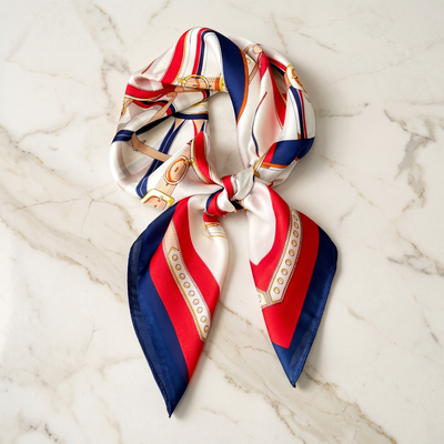 Silk Scarf Women 27x27 in Head Hair Neck Satin Luxury — Navy & Red Striped — Chain Belt | Bracksley