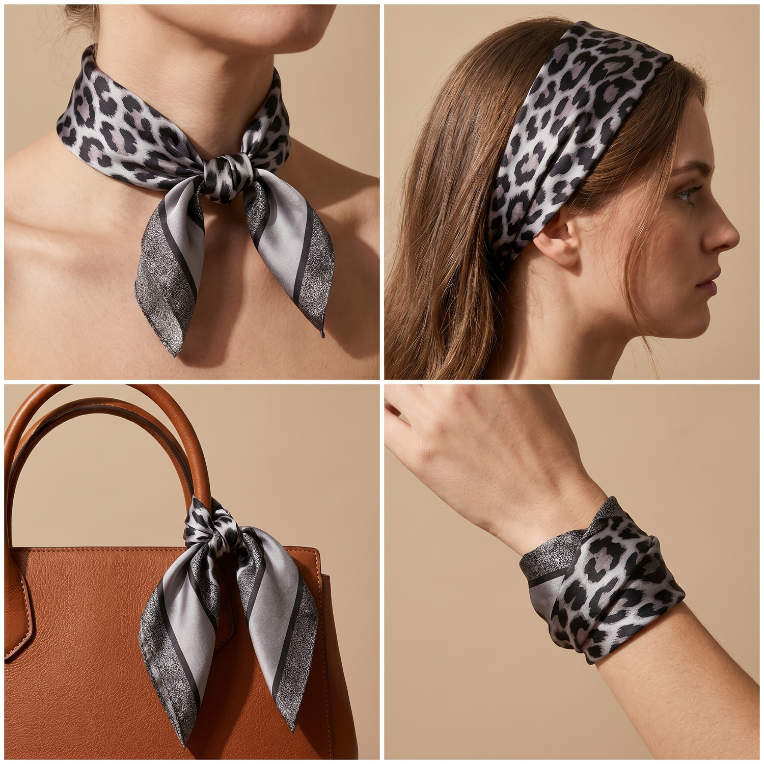 Bracksley black animal satin scarf for women, 27 inch square — view 3