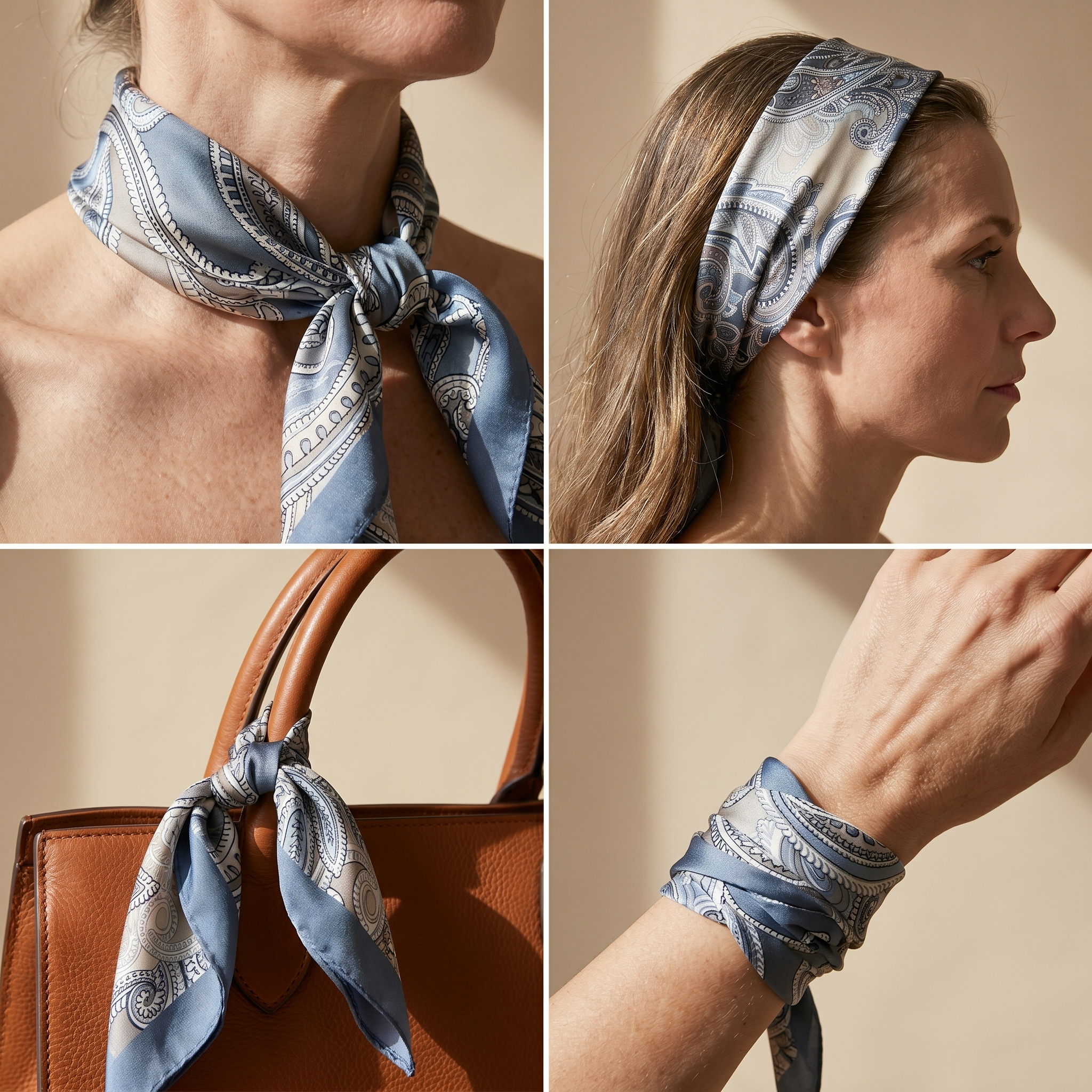 Bracksley blue paisley satin scarf for women, 27 inch square — view 3