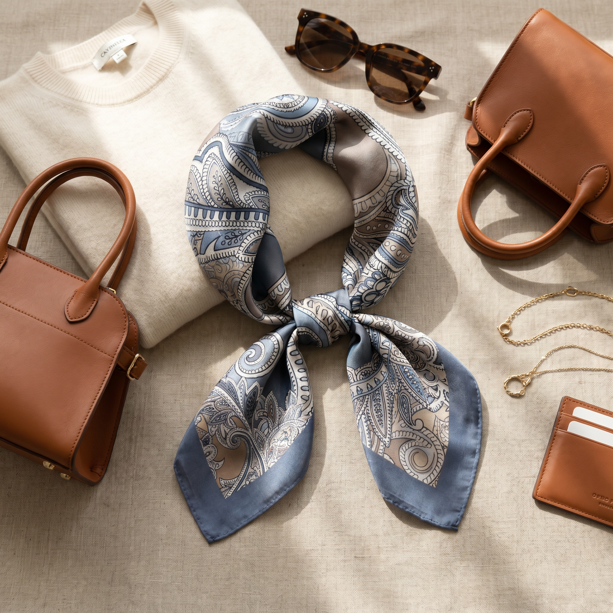 Bracksley blue paisley satin scarf for women, 27 inch square — view 2