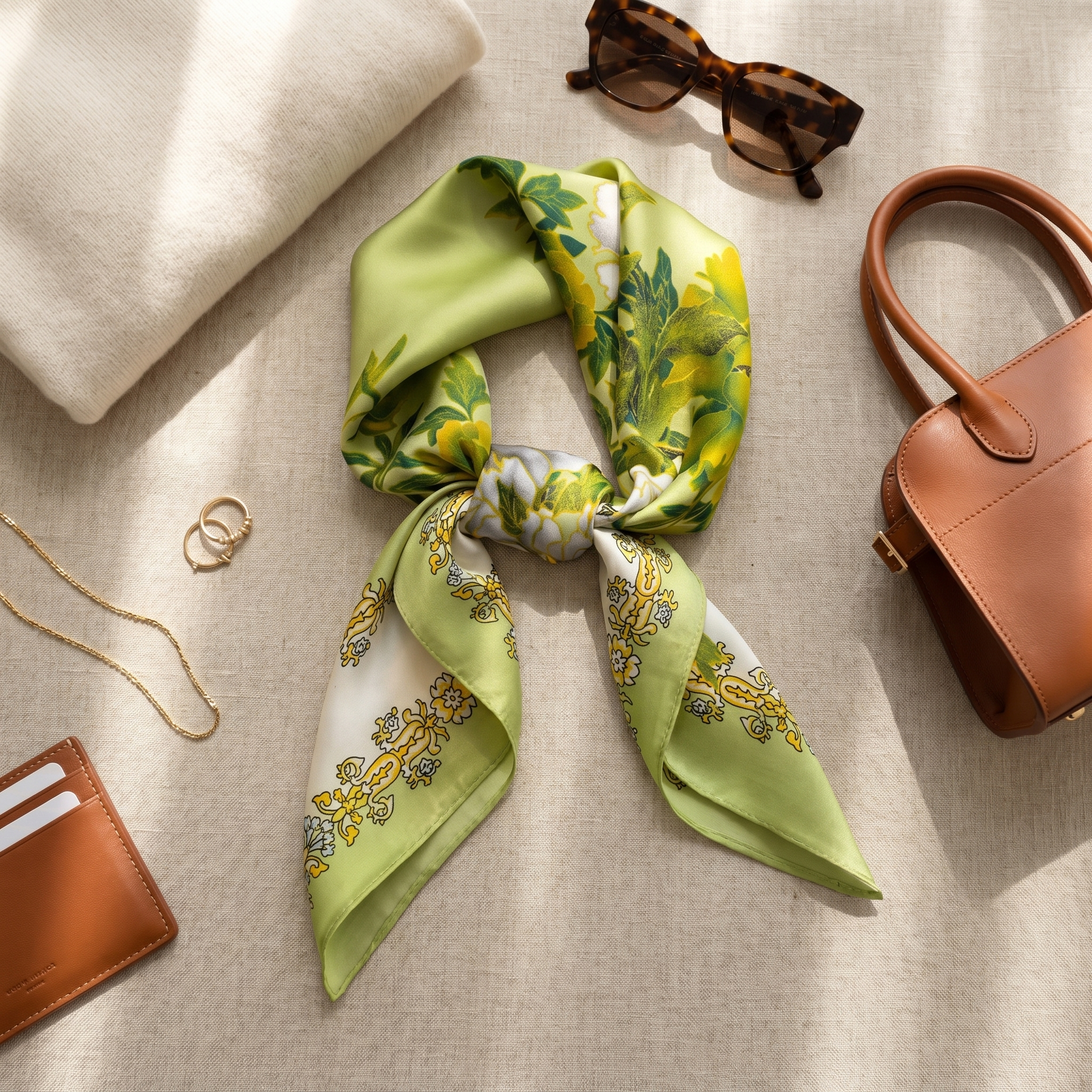 Bracksley green floral satin scarf for women, 27 inch square — view 2