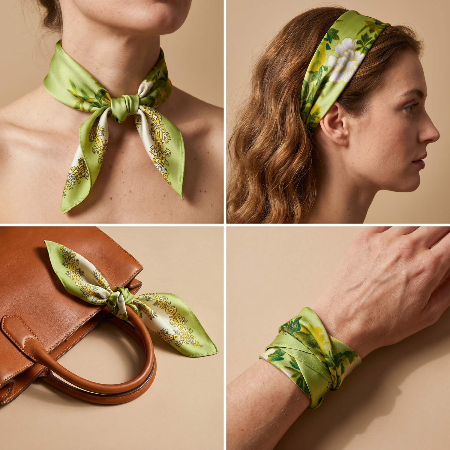Bracksley green floral satin scarf for women, 27 inch square — view 3