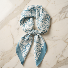 Teal & Ivory Floral Satin Scarf — Stylized Rose Blooms