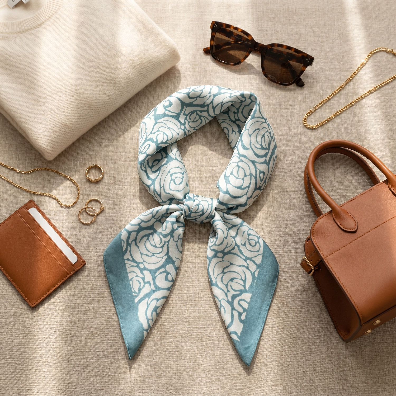 Bracksley blue floral satin scarf for women, 27 inch square — view 2