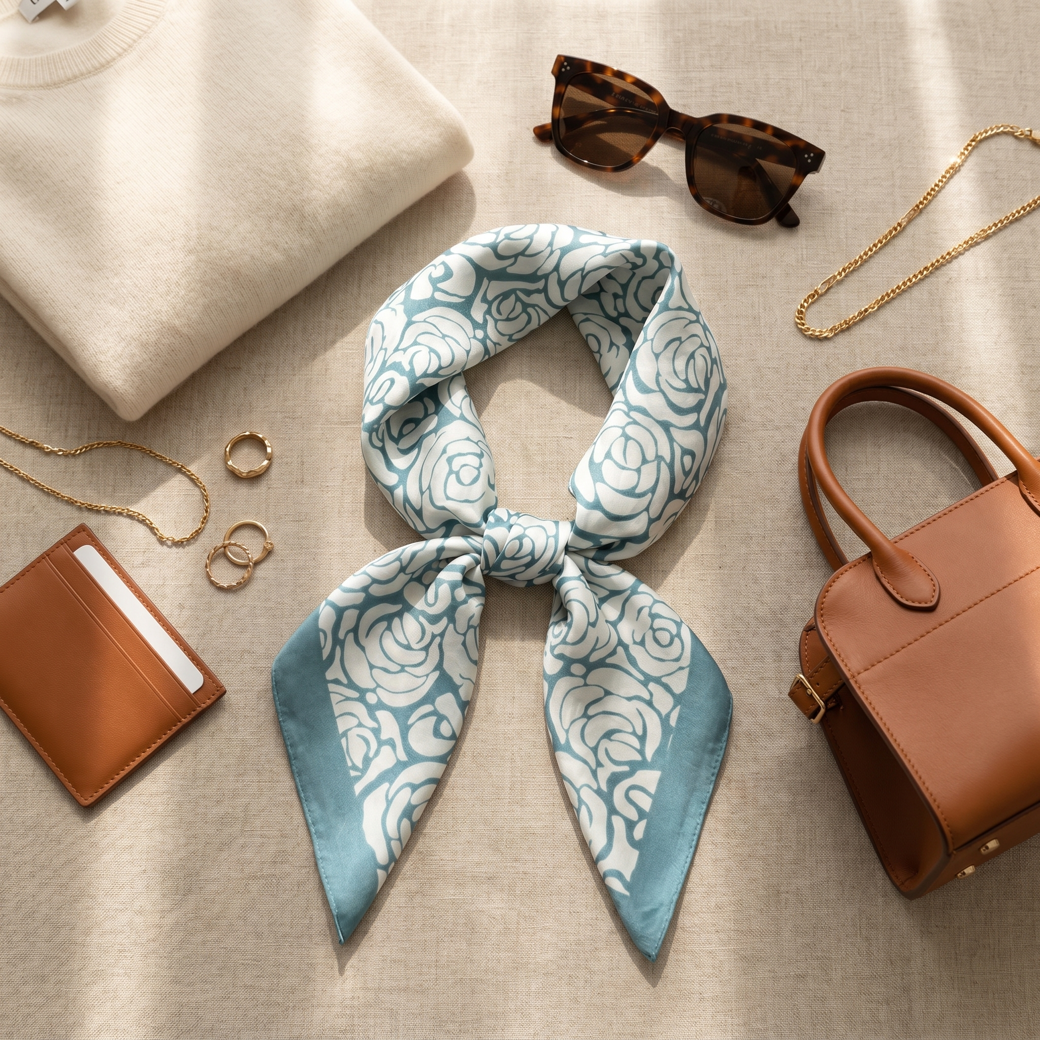 Bracksley blue floral satin scarf for women, 27 inch square — view 2