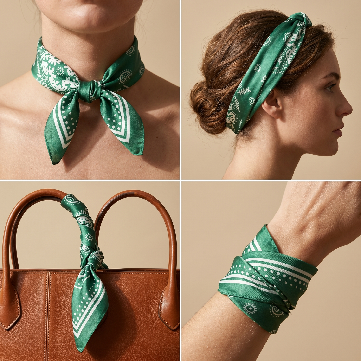 Bracksley green paisley satin scarf for women, 27 inch square — view 3