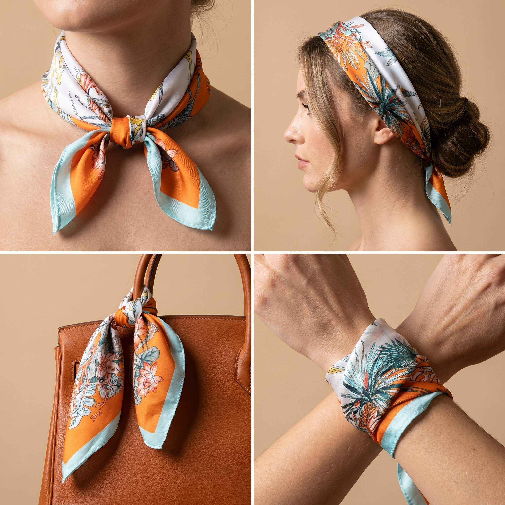 Bracksley orange floral satin scarf for women, 27 inch square — view 3