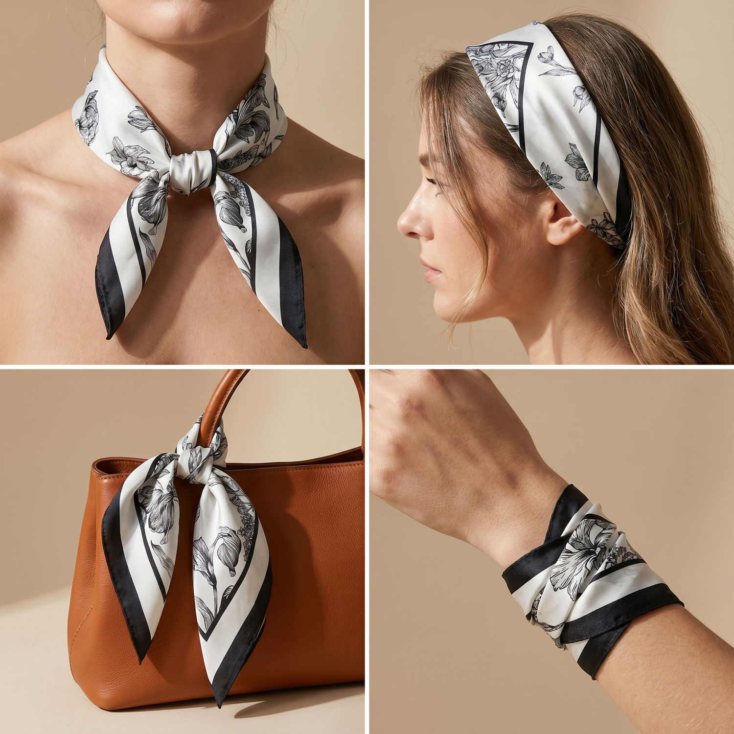 Bracksley black floral satin scarf for women, 27 inch square — view 3