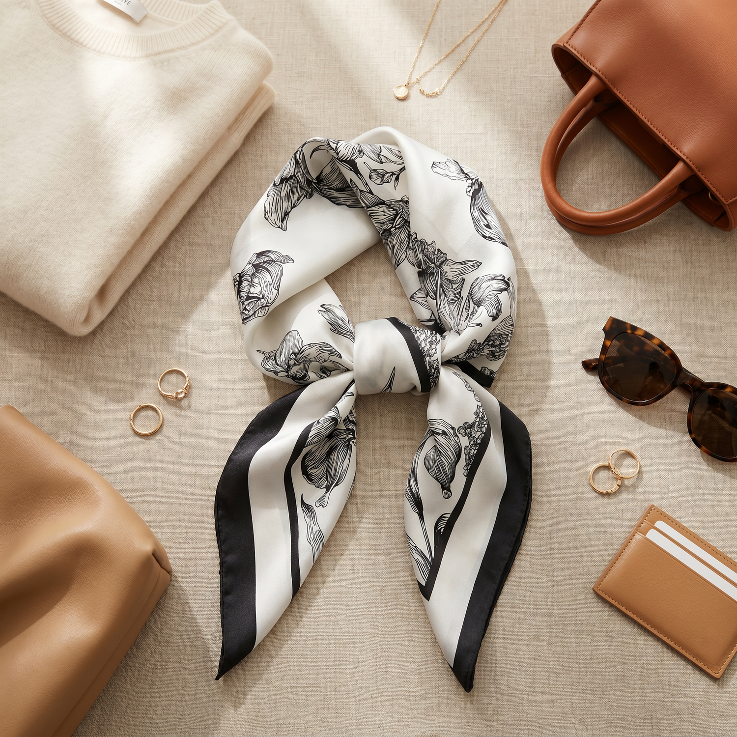 Bracksley black floral satin scarf for women, 27 inch square — view 2