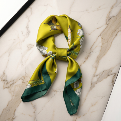 Silk Scarf Women 27x27 in Head Hair Neck Satin Luxury — Chartreuse & Emerald Floral — Botanical Butterfly | Bracksley