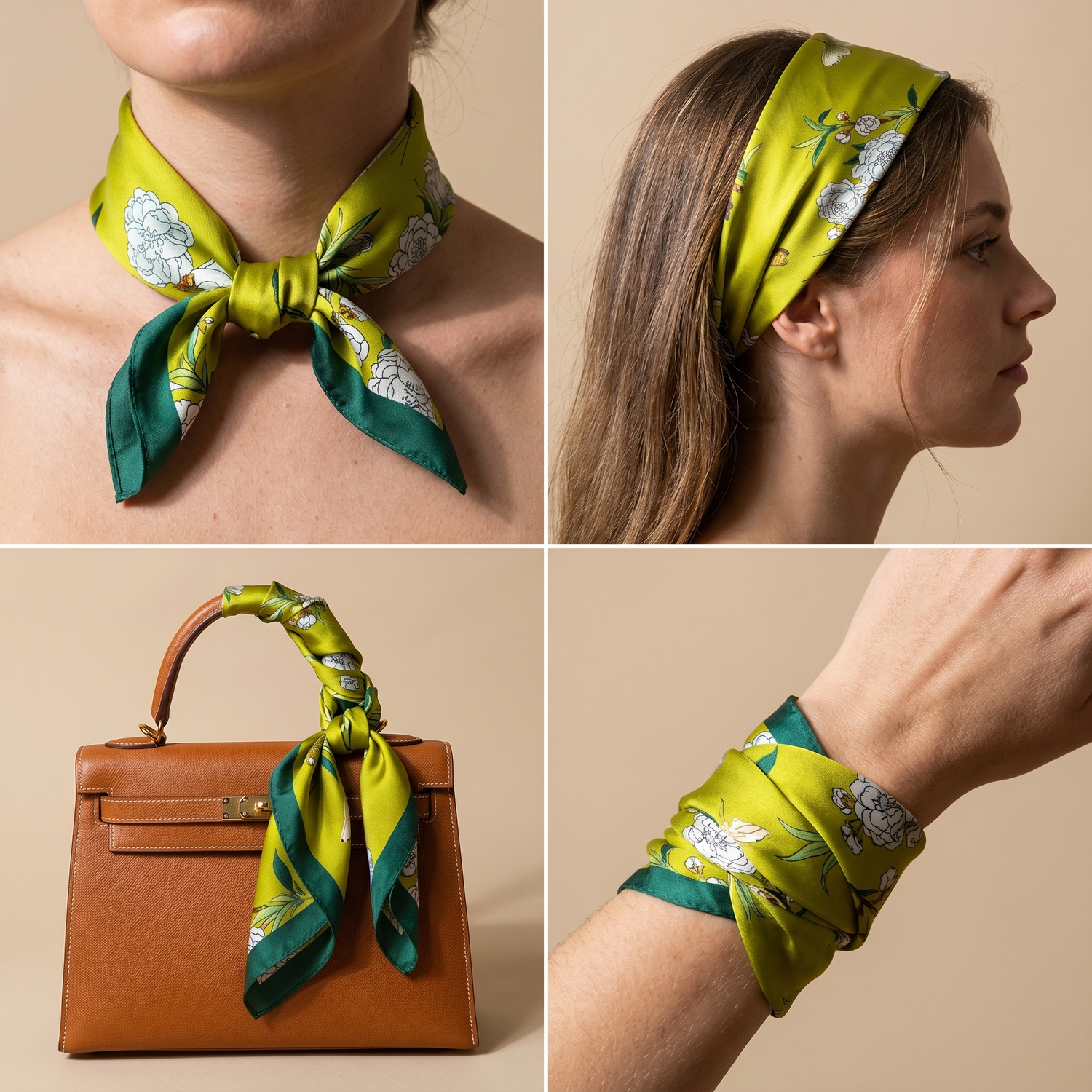 Bracksley yellow floral satin scarf for women, 27 inch square — view 3