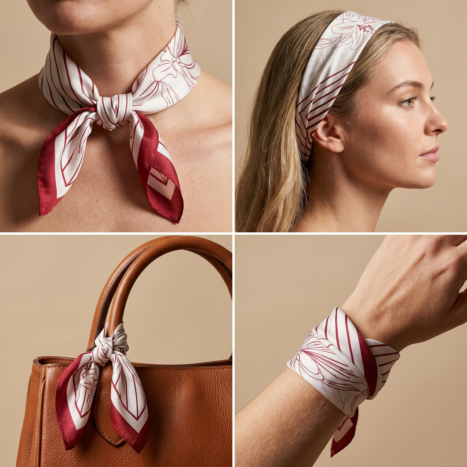 Bracksley red floral satin scarf for women, 27 inch square — view 3