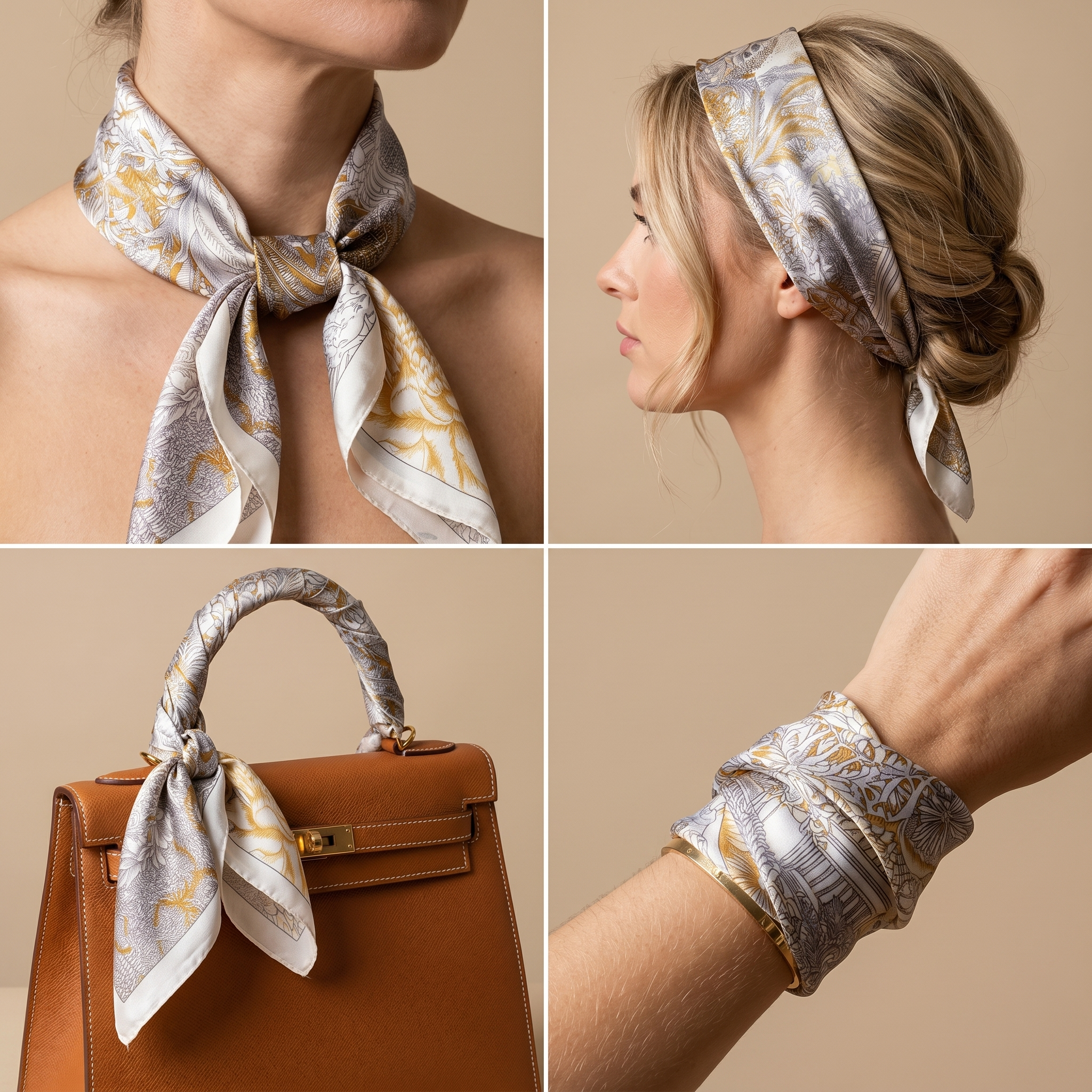Bracksley gold floral satin scarf for women, 27 inch square — view 3