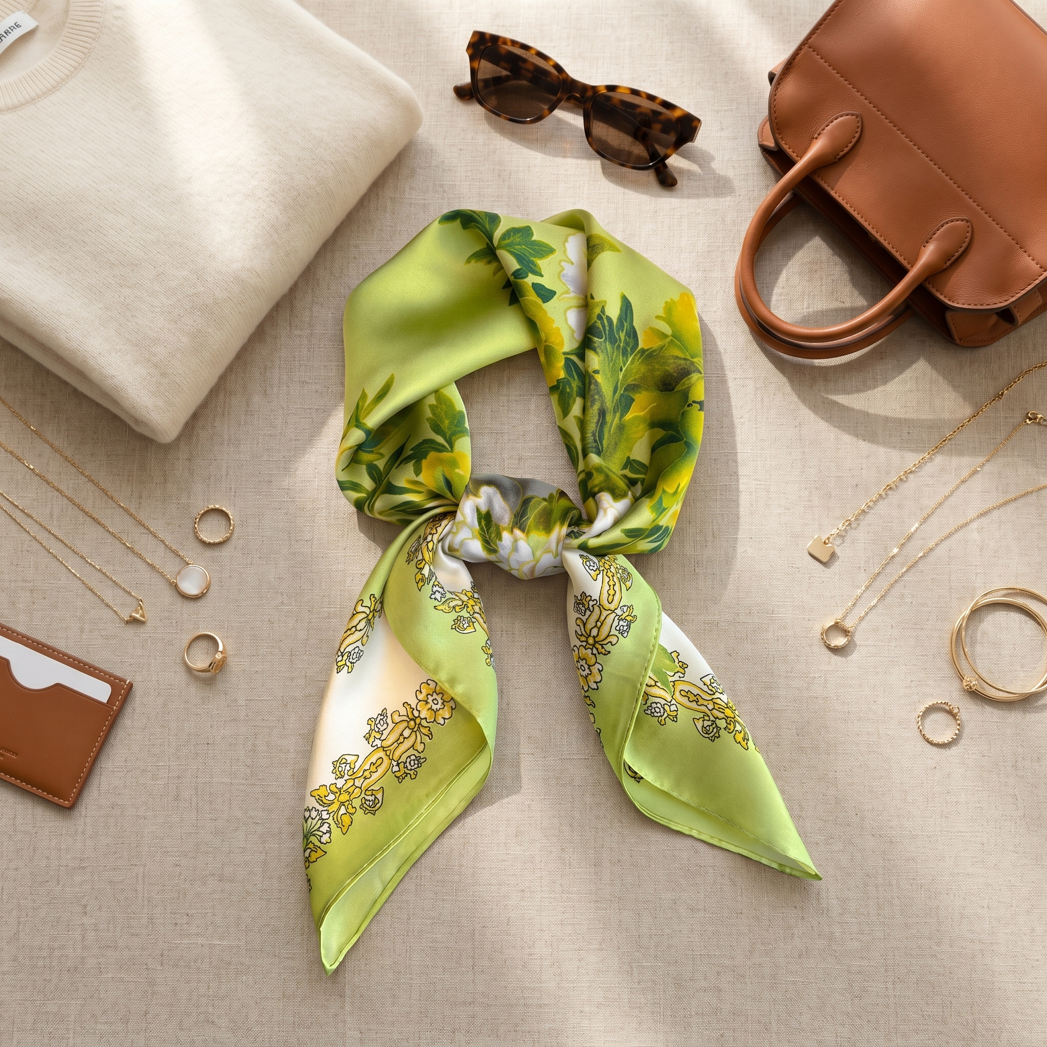 Bracksley green floral satin scarf for women, 27 inch square — view 2