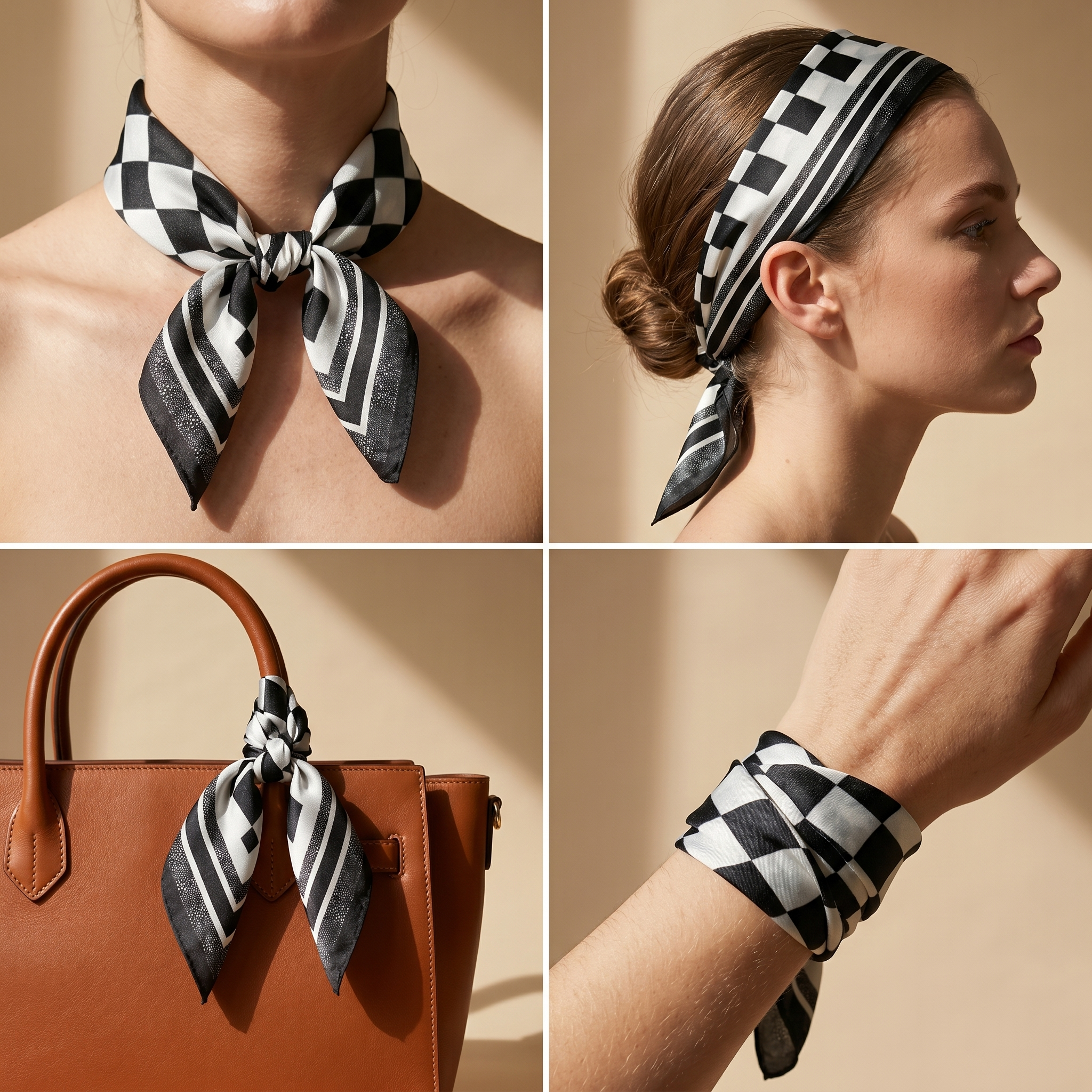 Bracksley black geometric satin scarf for women, 27 inch square — view 3