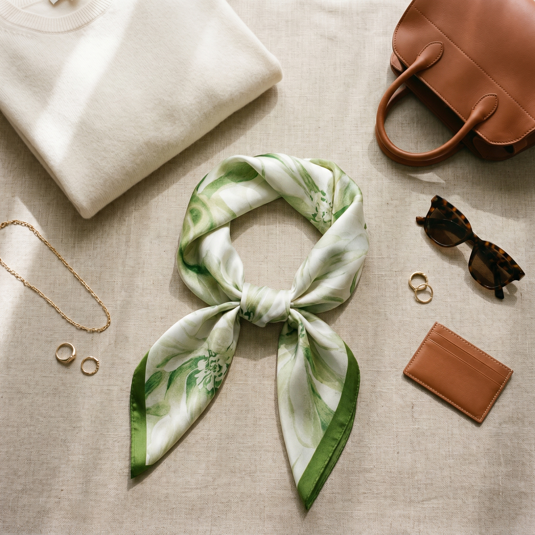 Bracksley green floral satin scarf for women, 27 inch square — view 2