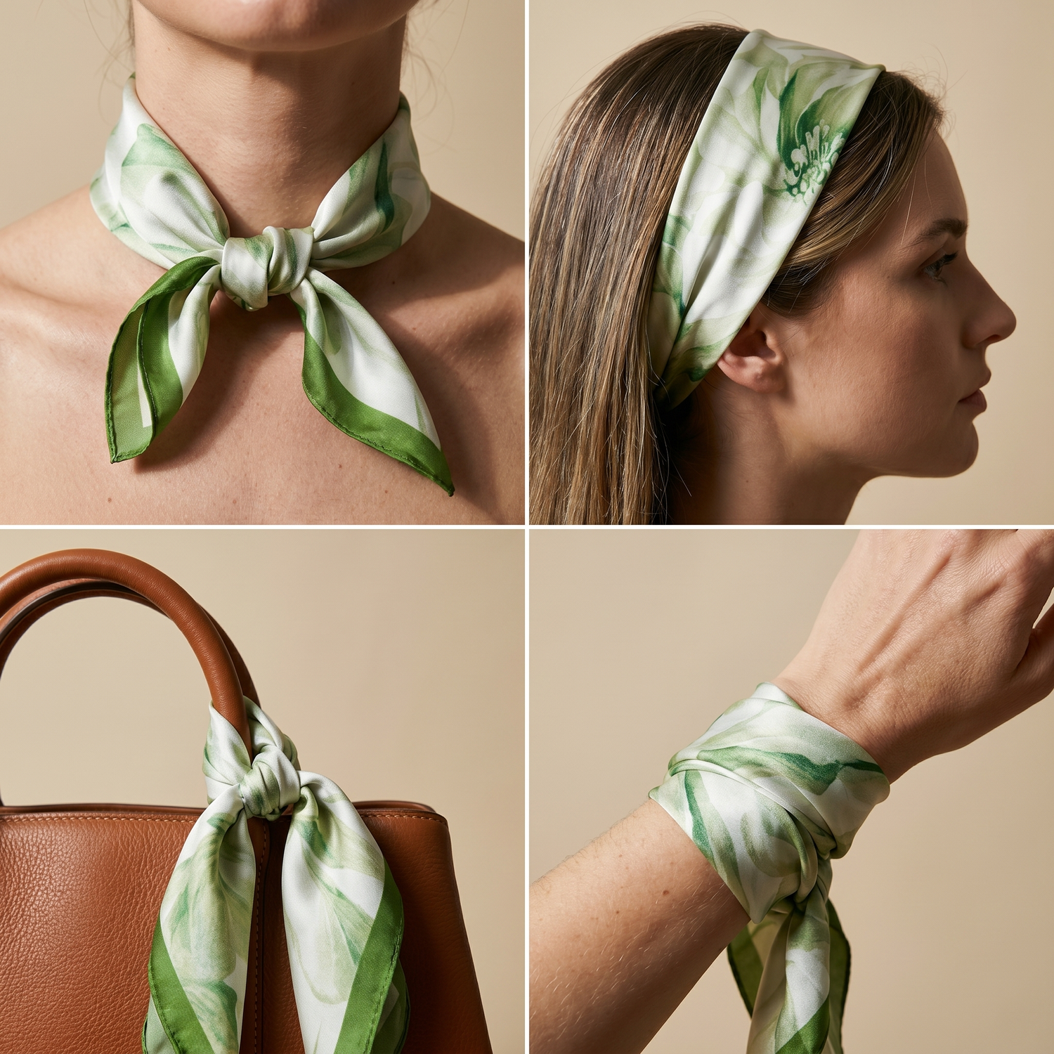 Bracksley green floral satin scarf for women, 27 inch square — view 3