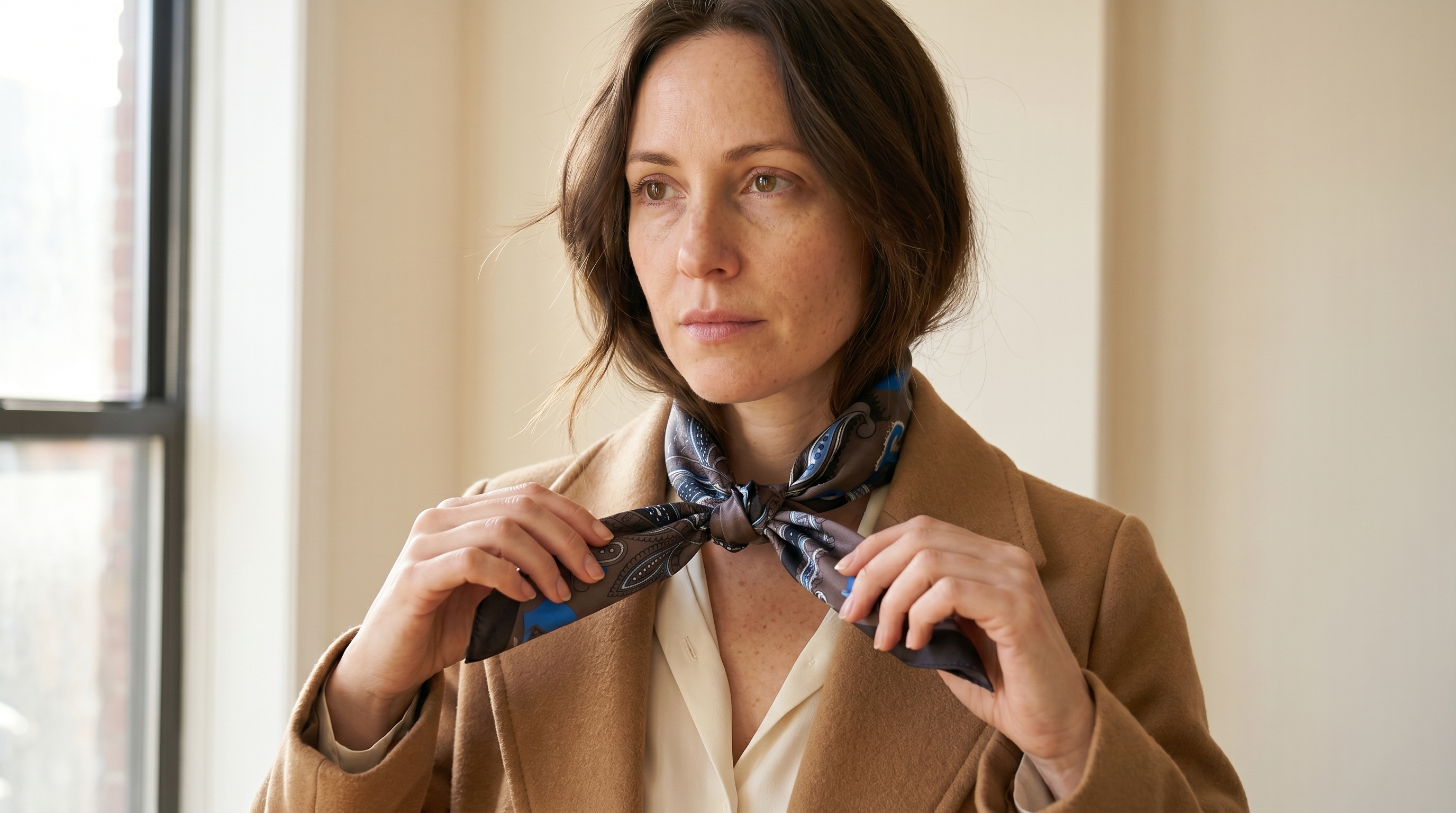 Woman tying a paisley satin scarf at her neck, camel coat