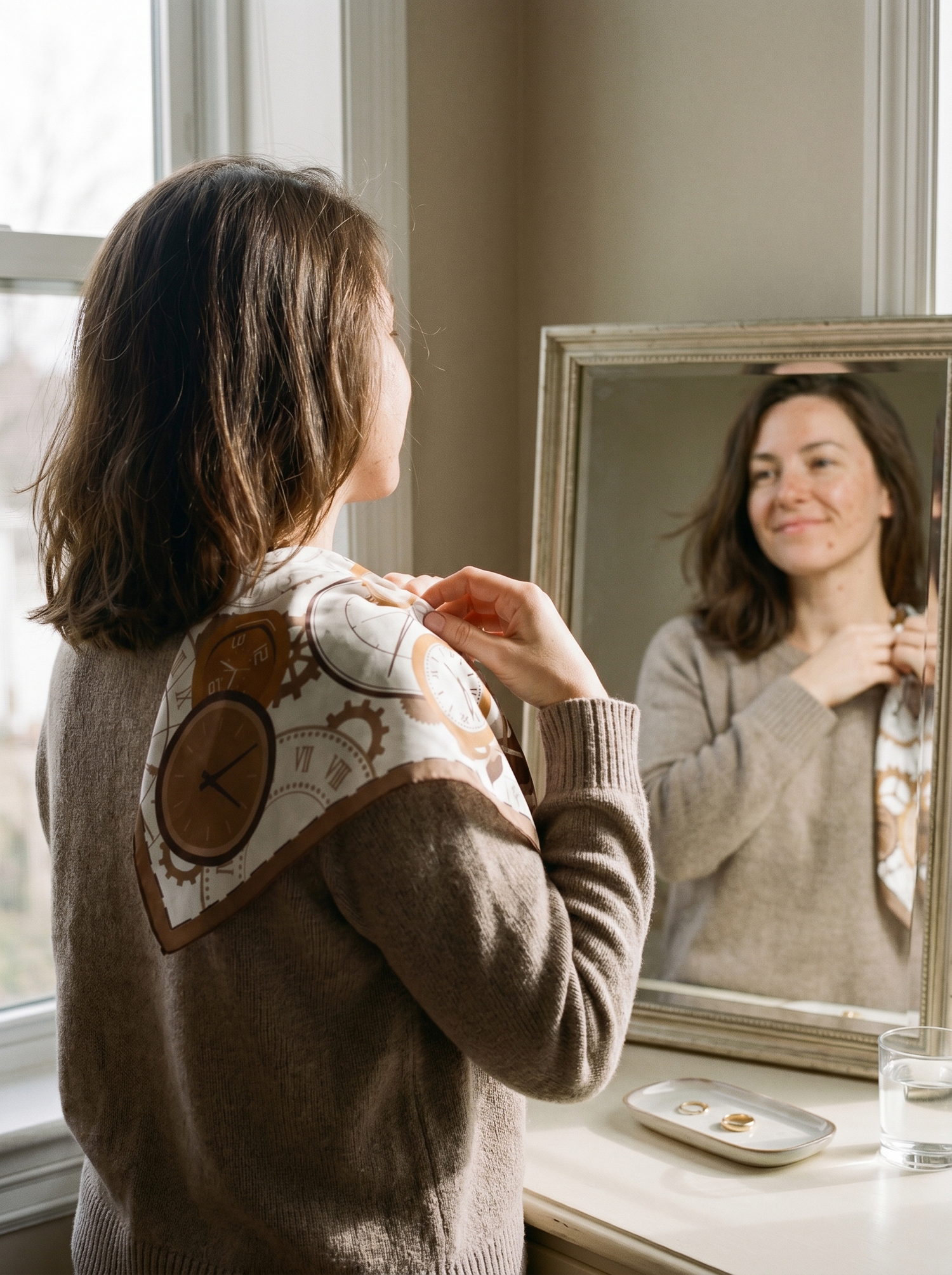 Woman adjusting a satin scarf at her dressing-table mirror