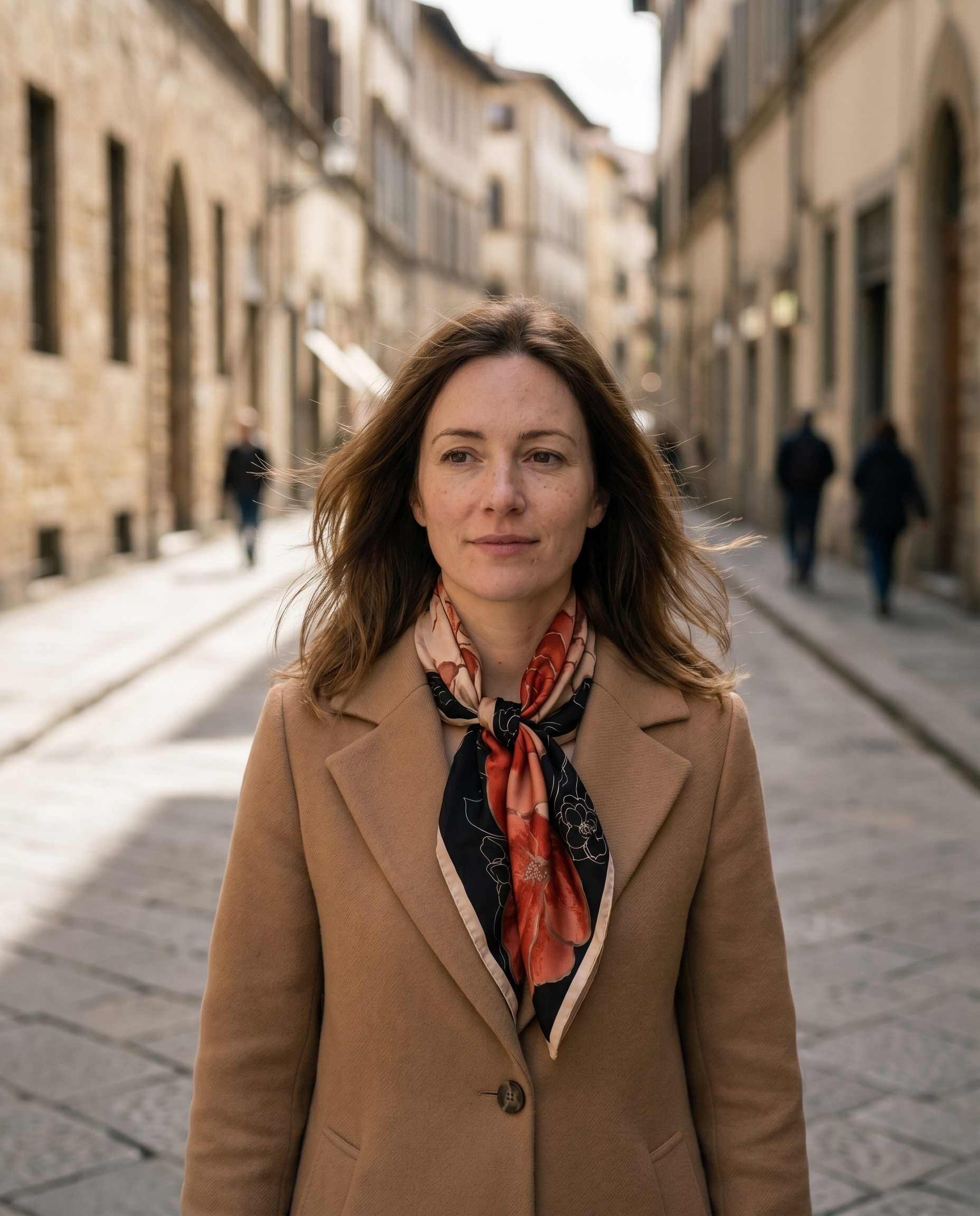 Woman in a camel coat with a red floral satin scarf on a city street
