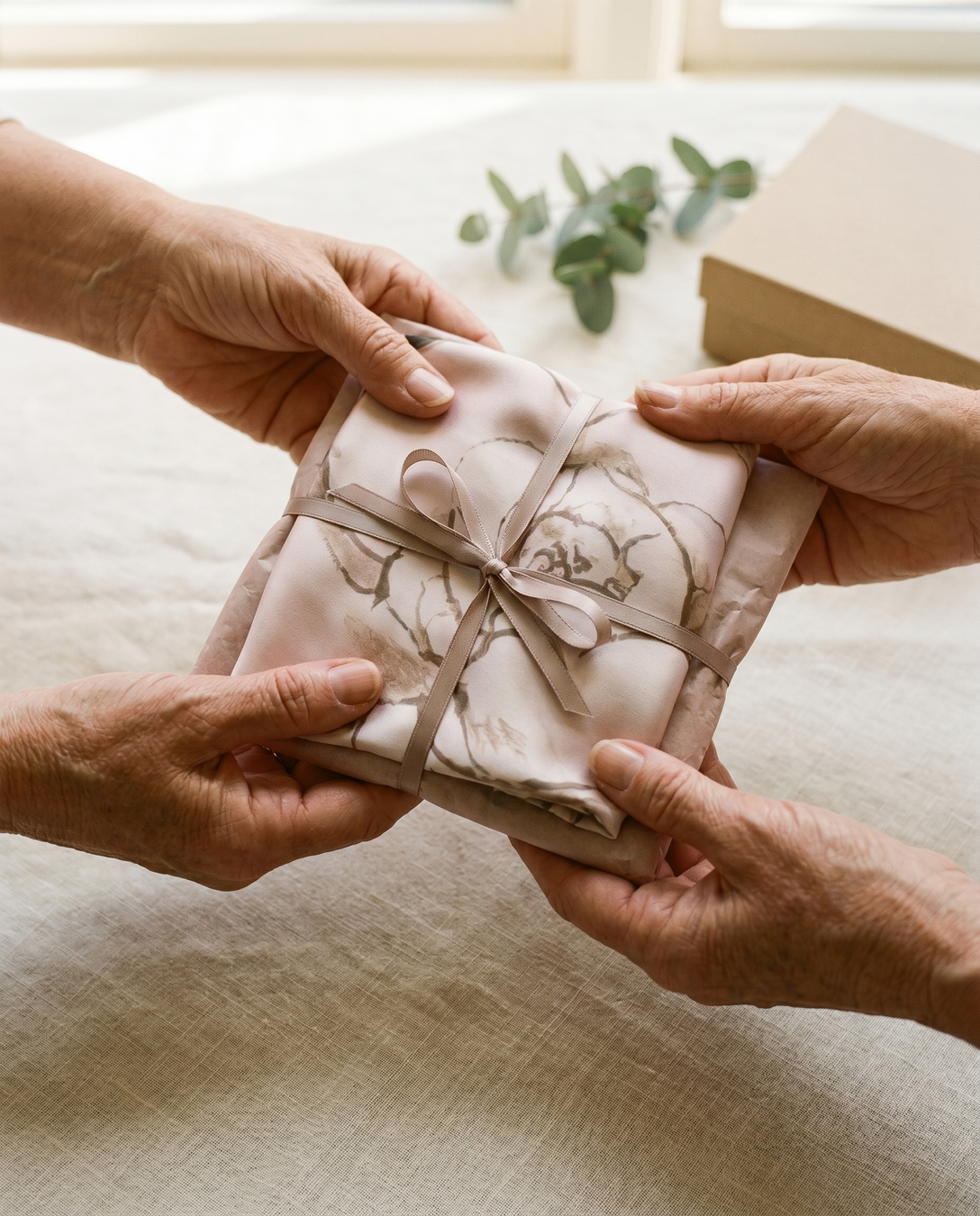 Hands giving a wrapped satin scarf gift