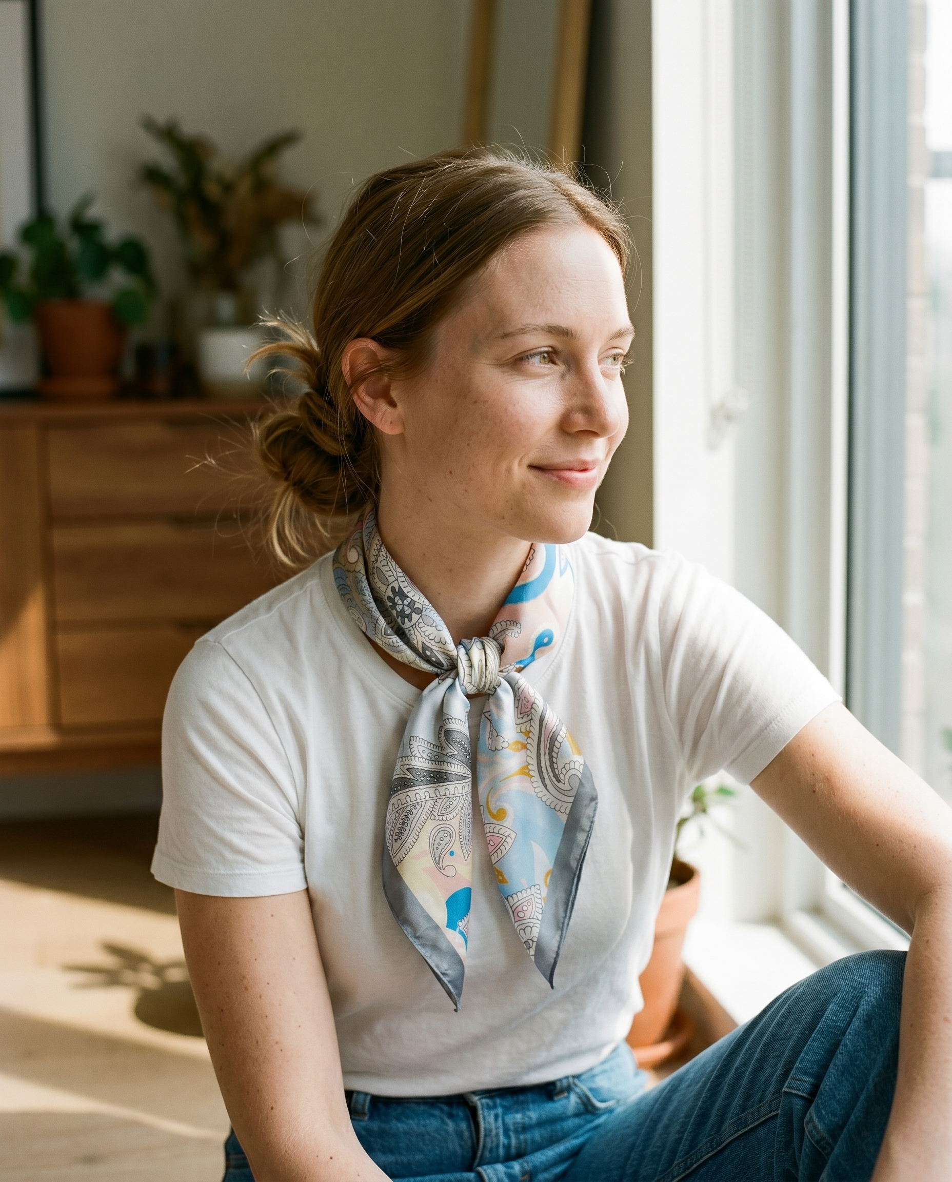 Woman wearing a Bracksley satin scarf