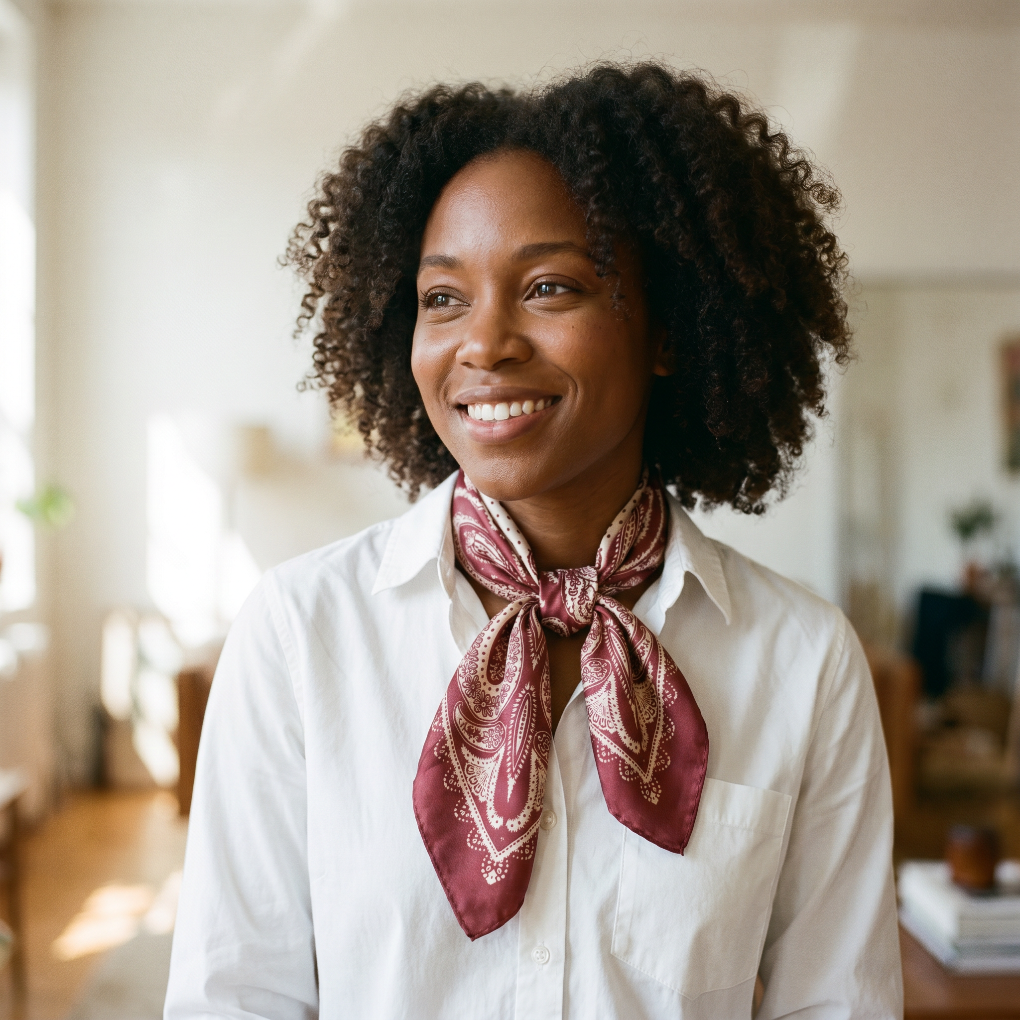 Woman wearing a Bracksley satin scarf