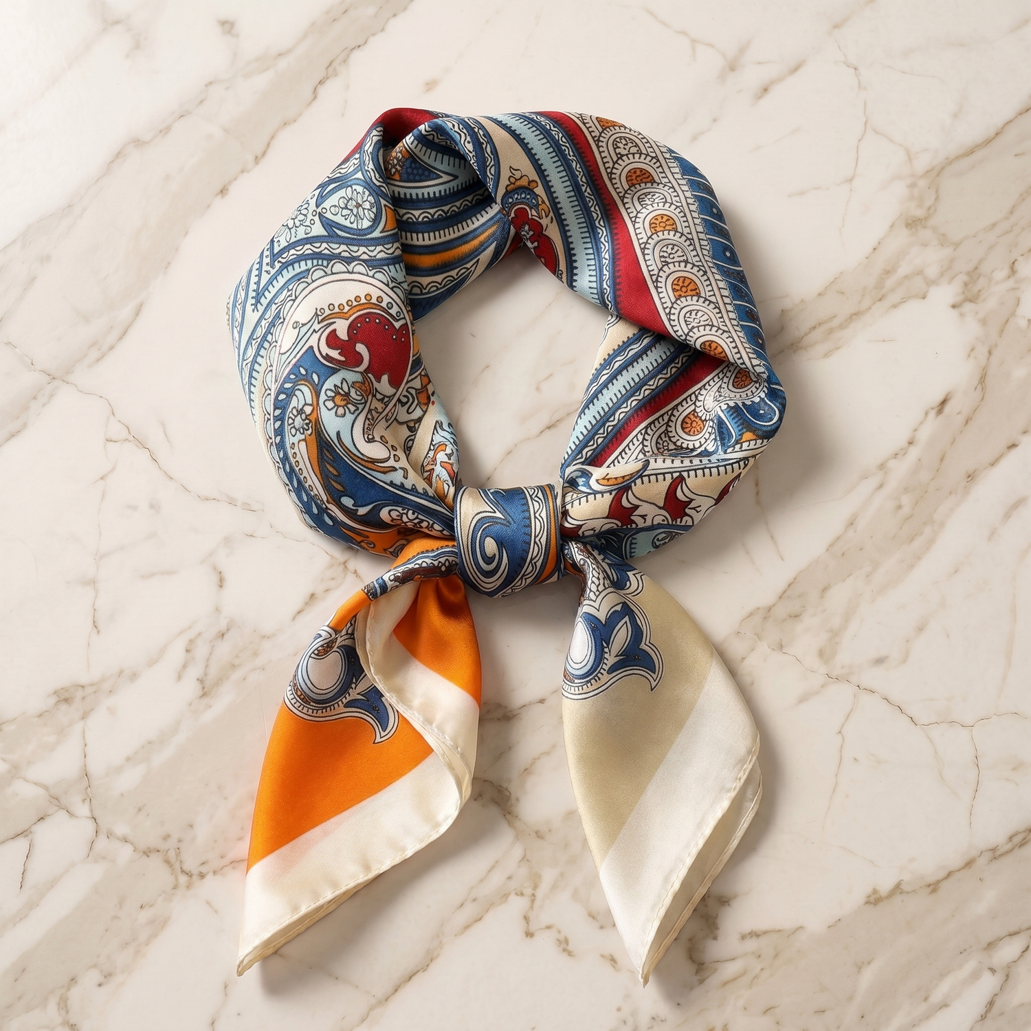 Silk Scarf Women 27x27 in Head Hair Neck Satin Luxury — Navy & Coral Paisley — Ornate Paisley Pattern | Bracksley