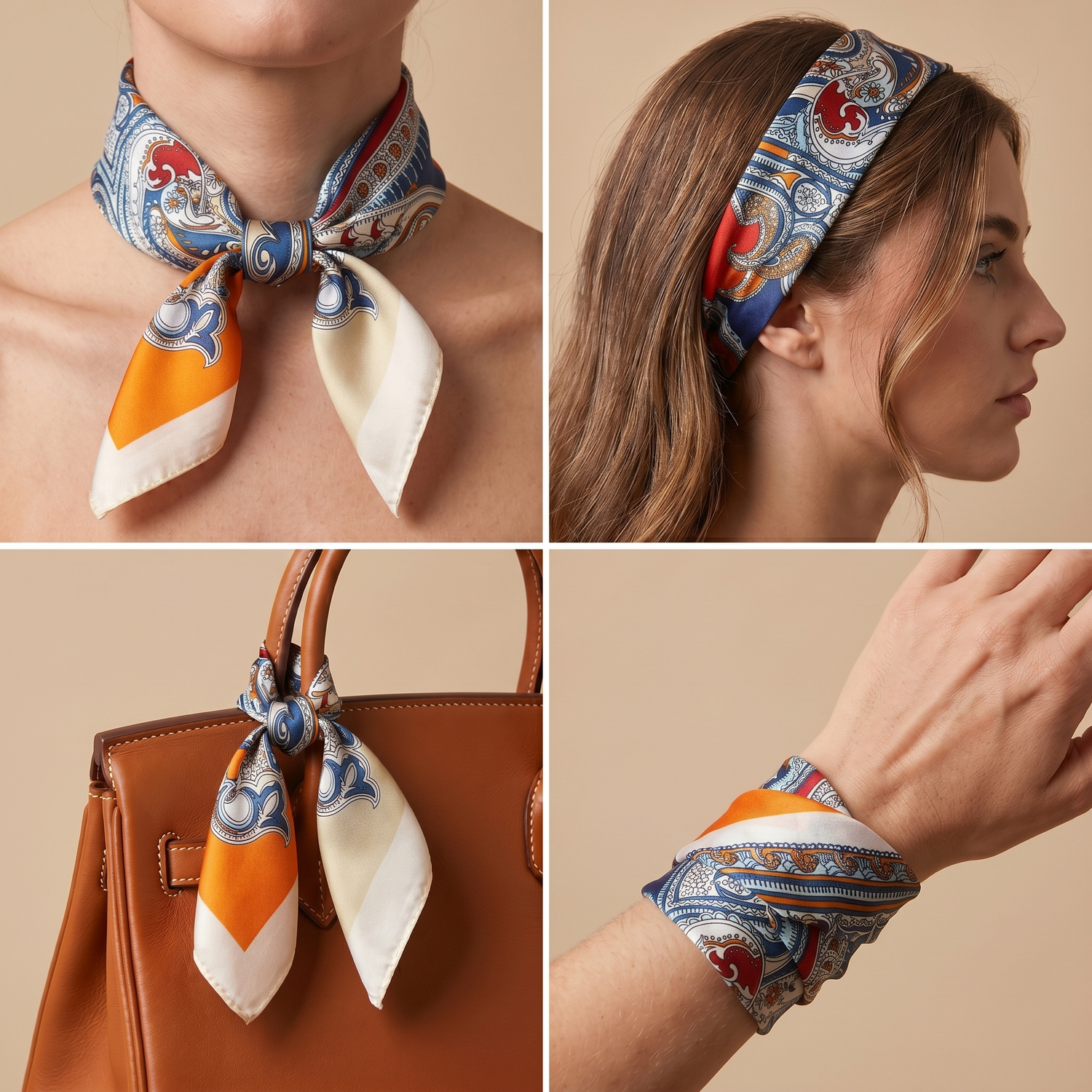 Silk Scarf Women 27x27 in Head Hair Neck Satin Luxury — Navy & Coral Paisley — Ornate Paisley Pattern | Bracksley
