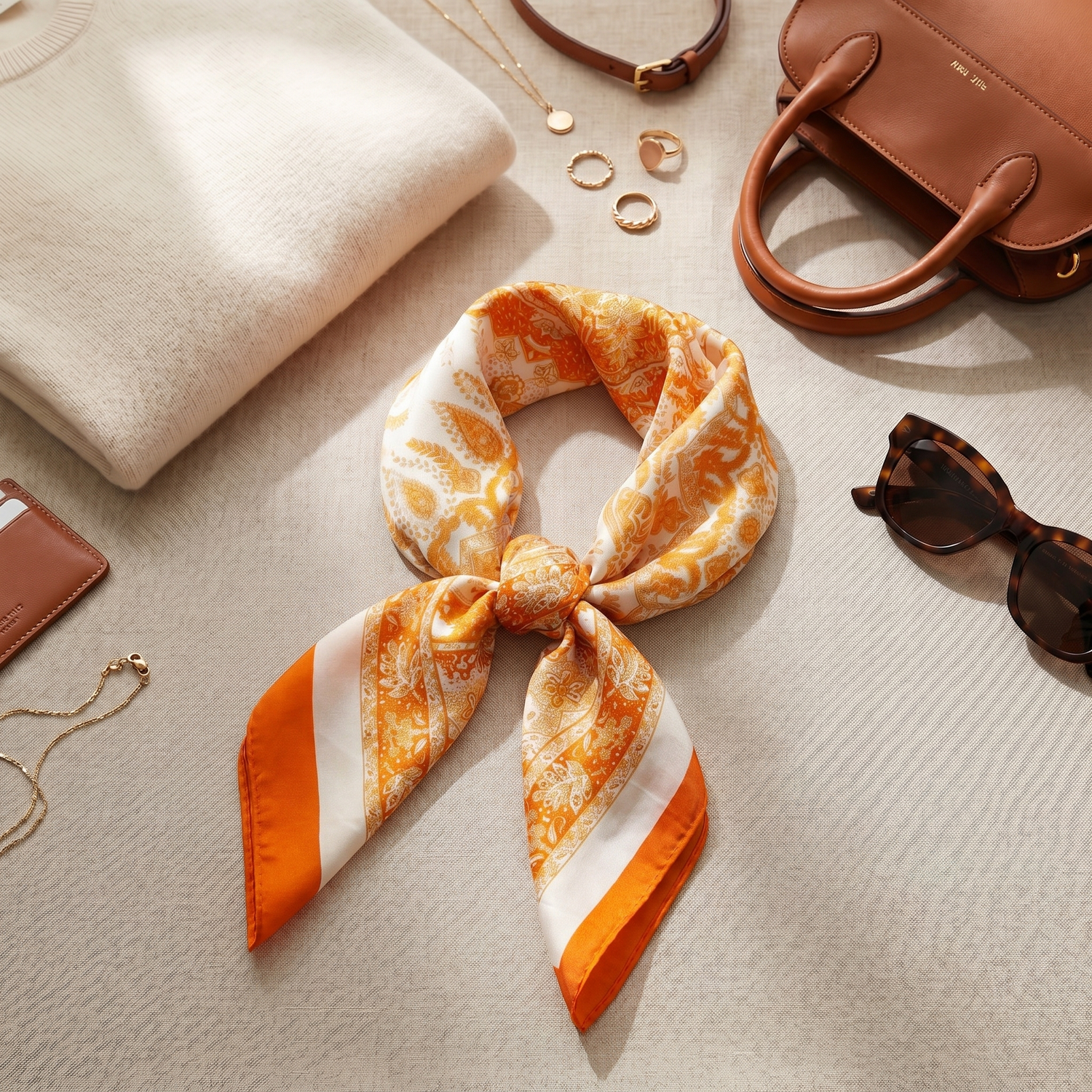 Silk Scarf Women 27x27 in Head Hair Neck Satin Luxury — Orange & Cream Baroque — Ornamental Scrollwork | Bracksley