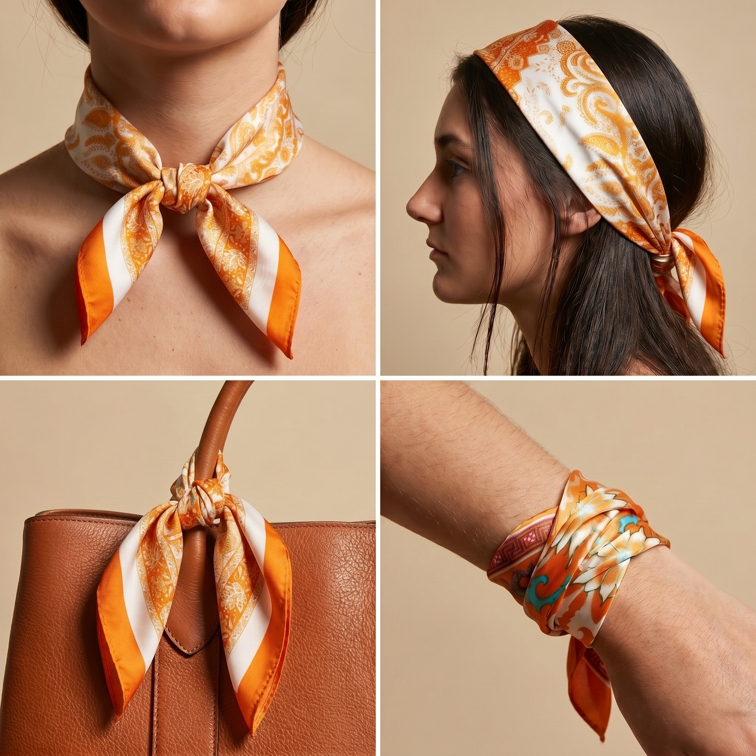 Silk Scarf Women 27x27 in Head Hair Neck Satin Luxury — Orange & Cream Baroque — Ornamental Scrollwork | Bracksley