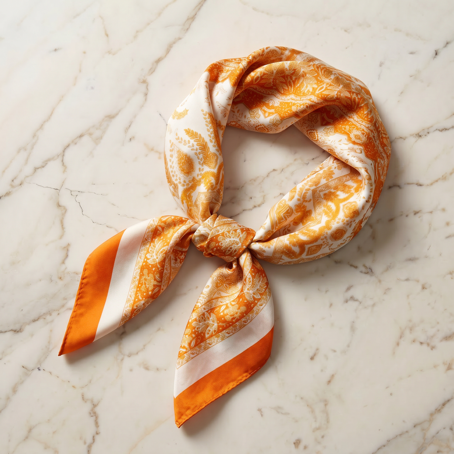 Silk Scarf Women 27x27 in Head Hair Neck Satin Luxury — Orange & Cream Baroque — Ornamental Scrollwork | Bracksley
