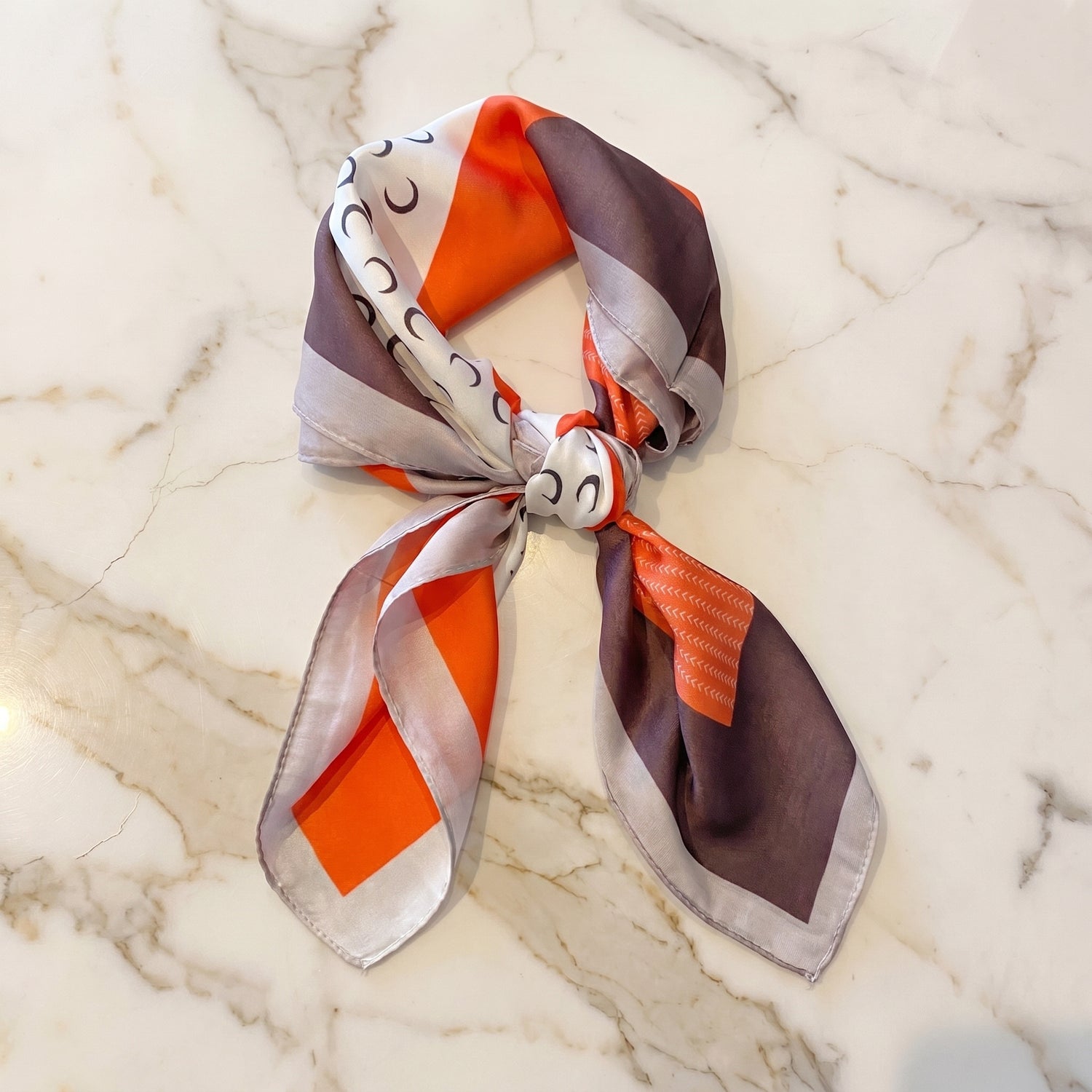 Silk Scarf Women 27x27 in Head Hair Neck Satin Luxury — Coral & Navy Geometric — Crescent Moon Pattern | Bracksley