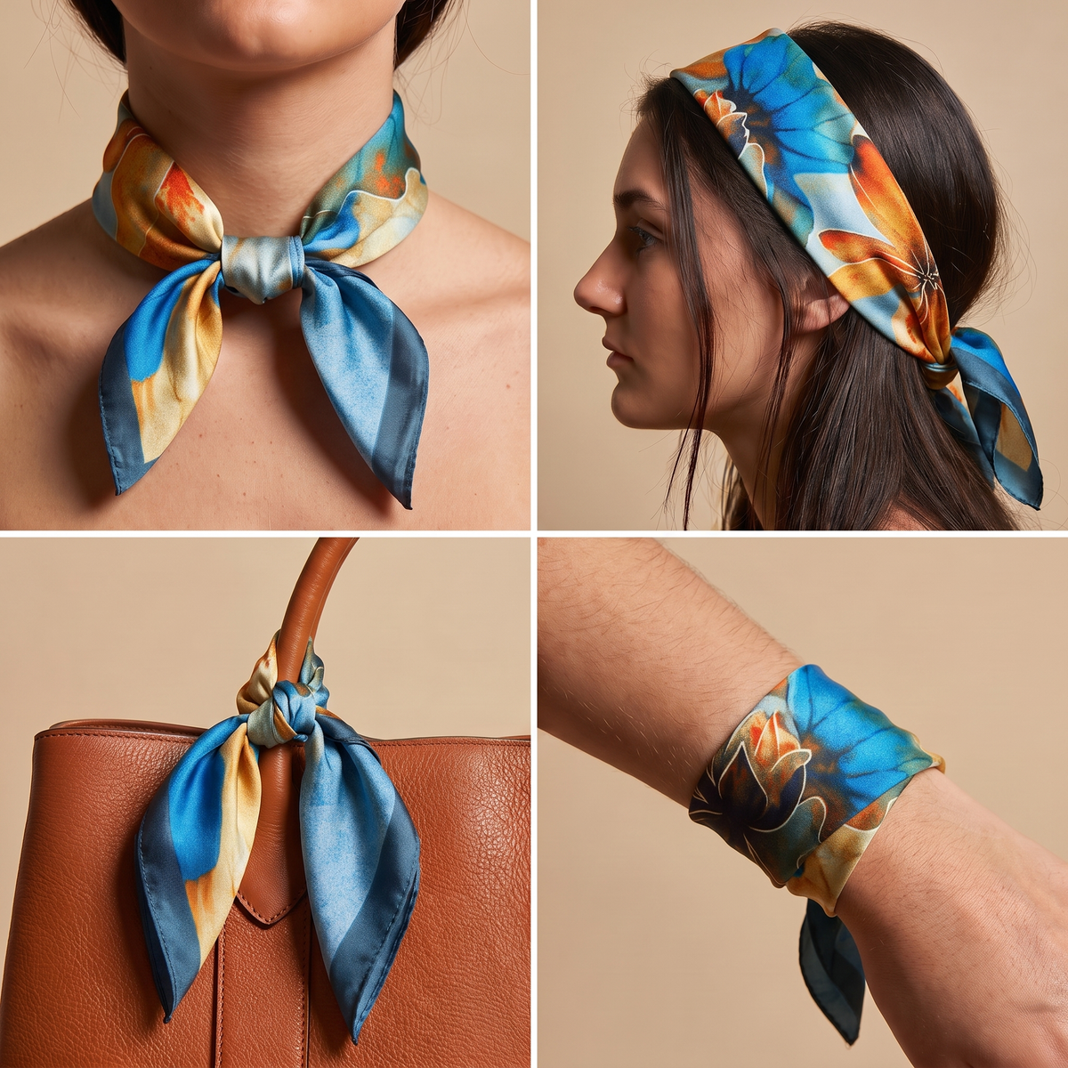 Silk Scarf Women 27x27 in Head Hair Neck Satin Luxury — Navy & Gold Floral — Painted Lilies | Bracksley